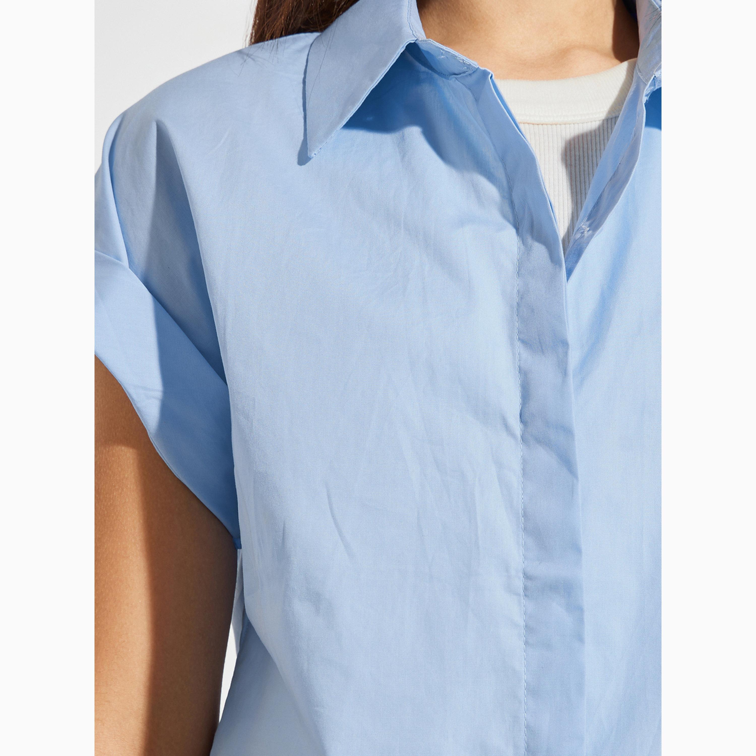 Styli Blue Solid Turn-Up Sleeve Casual Shirt-women-clothing-shirtsandblouses-shirts-image-5