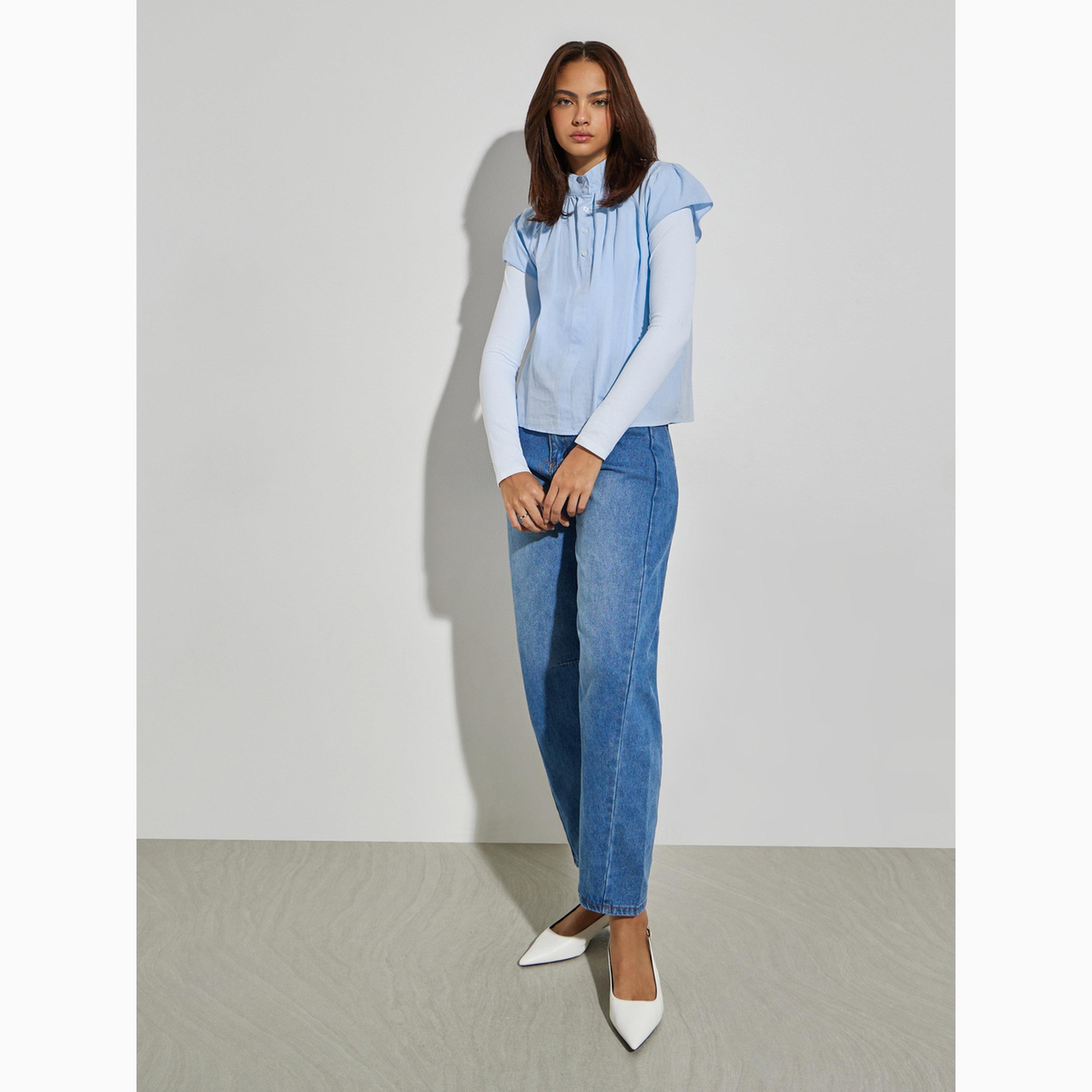 Styli Blue Pleated Short Sleeve Blouse-women-clothing-shirtsandblouses-blouses-image-2