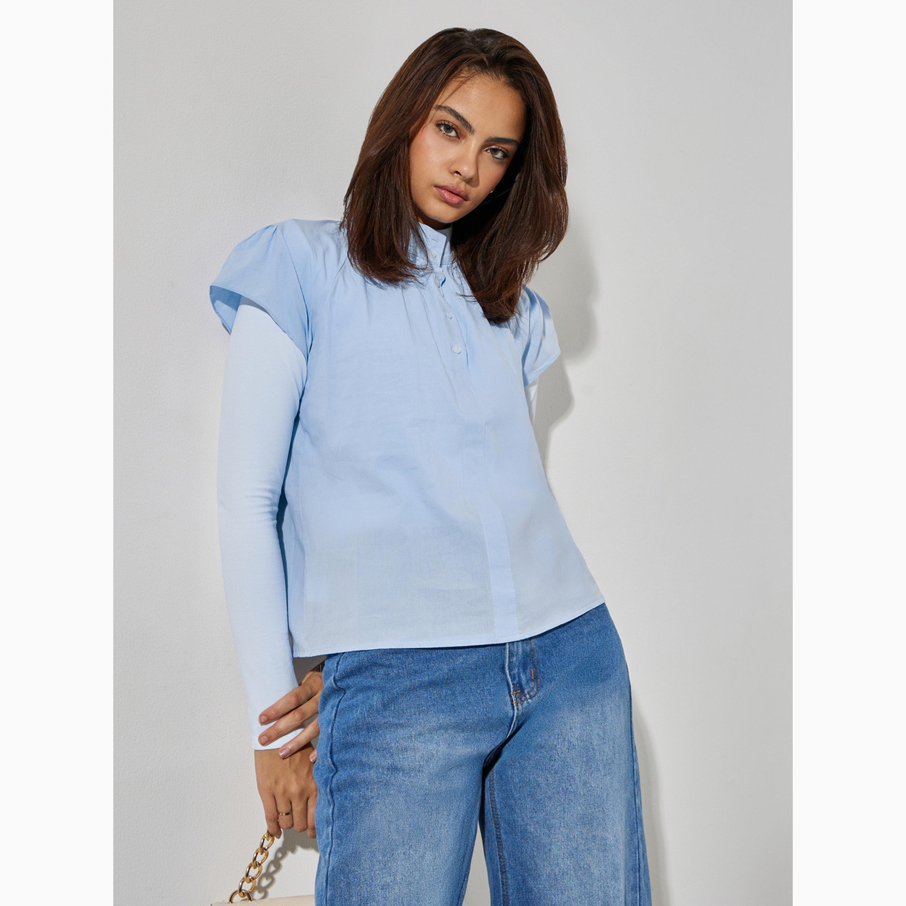 Styli Blue Pleated Short Sleeve Blouse-women-clothing-shirtsandblouses-blouses-image-3