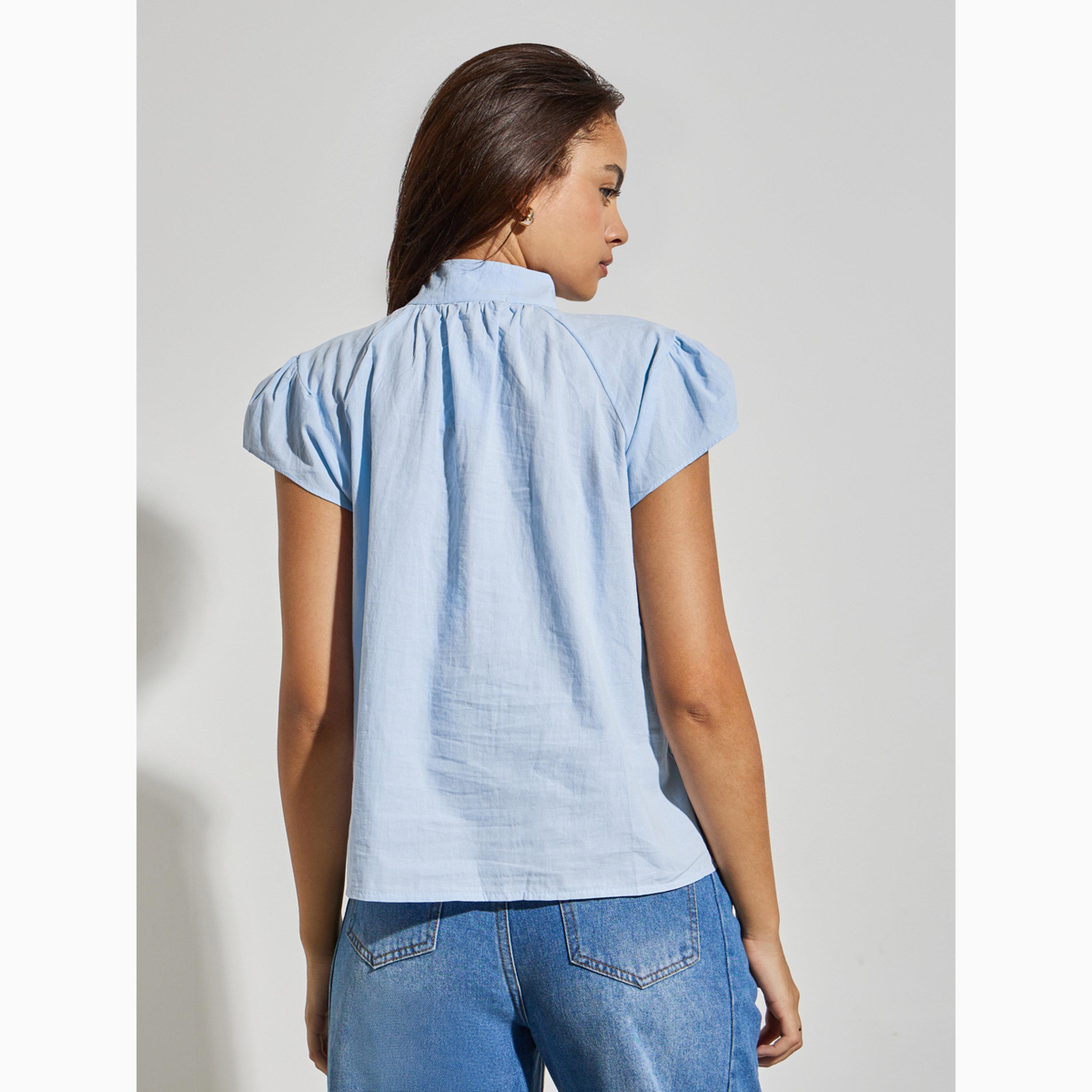 Styli Blue Pleated Short Sleeve Blouse-women-clothing-shirtsandblouses-blouses-image-4