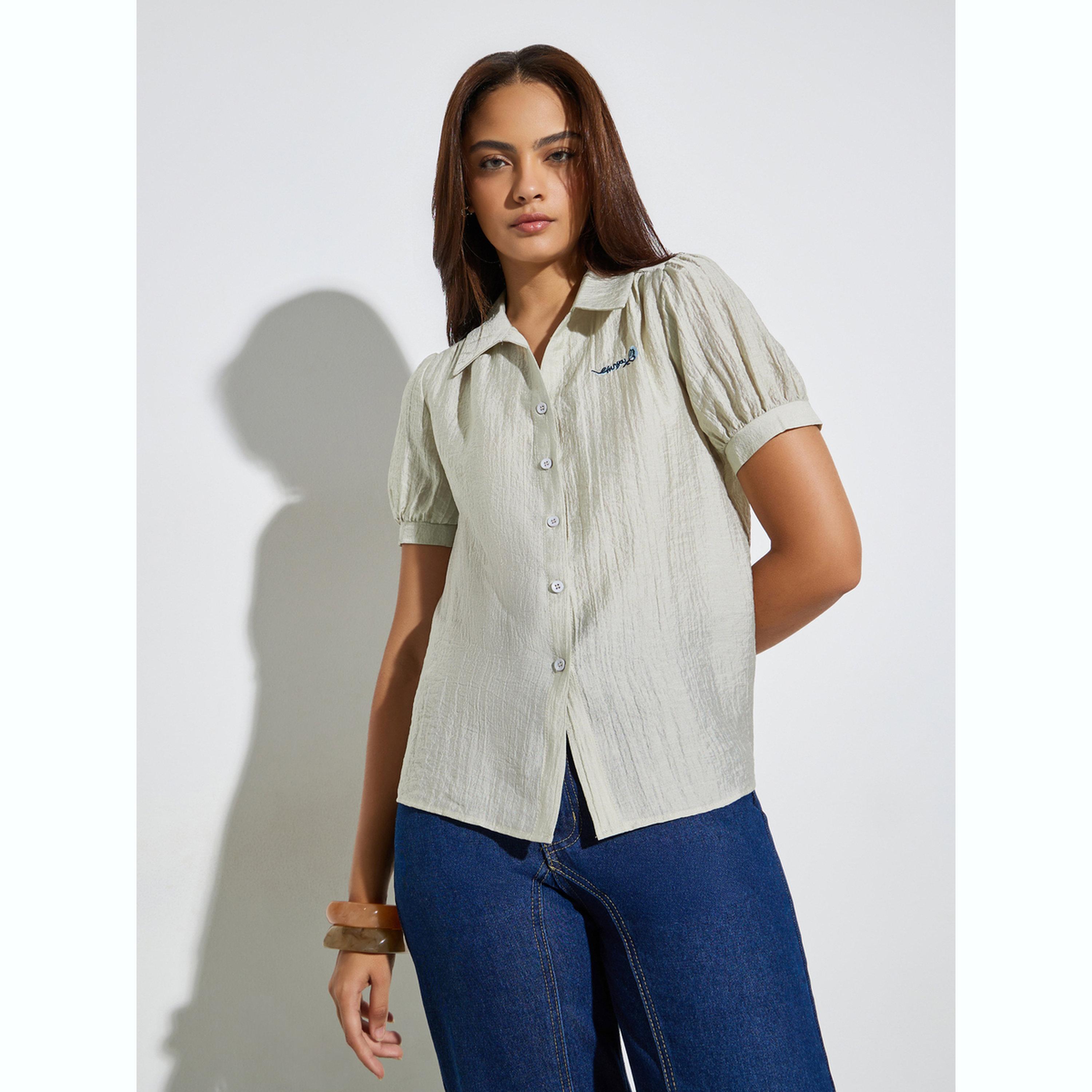 بلوزة بأكمام منفوخة وتفاصيل بارزة الملمس-women-clothing-shirtsandblouses-shirts-image-1