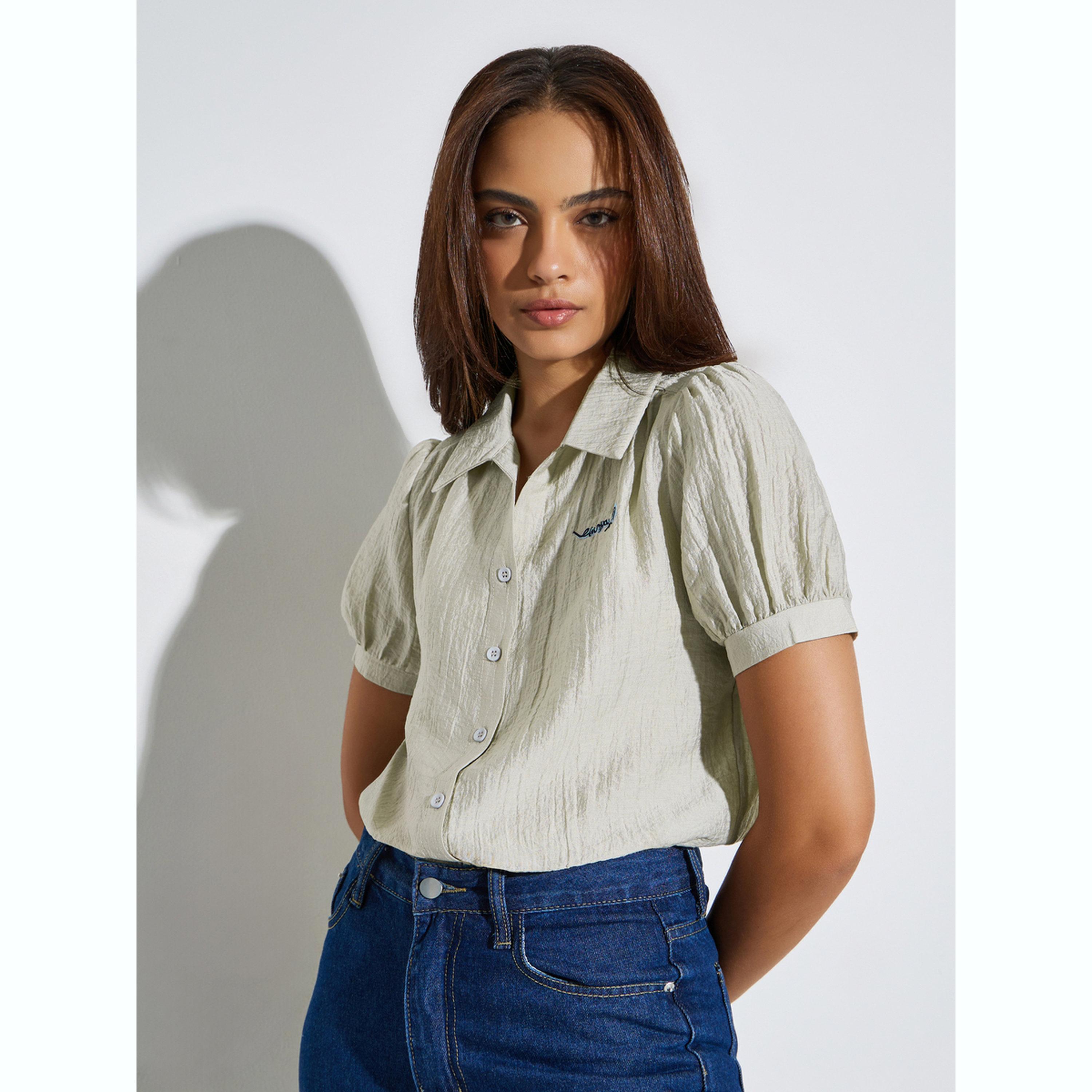 بلوزة بأكمام منفوخة وتفاصيل بارزة الملمس-women-clothing-shirtsandblouses-shirts-image-3