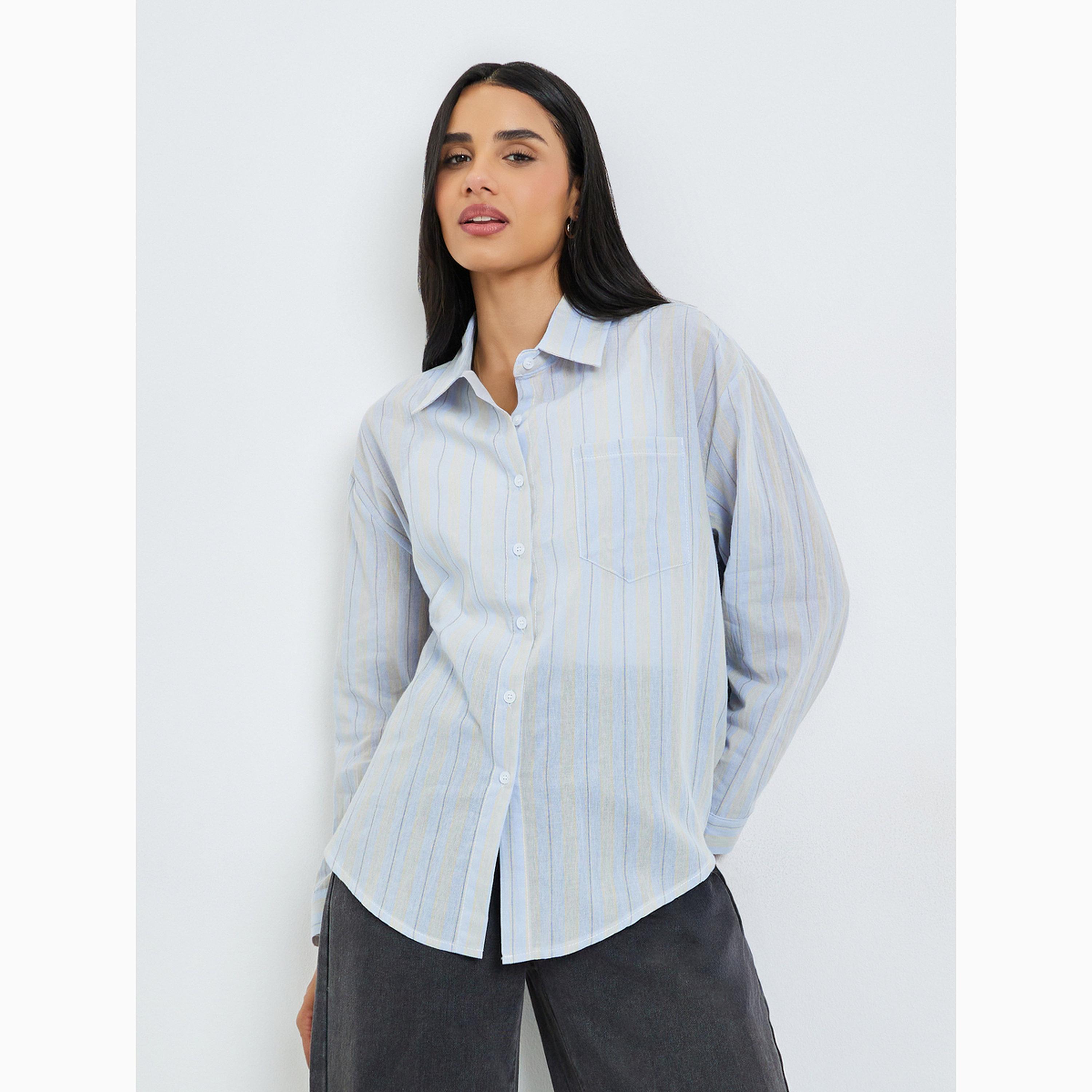 Styli Blue Striped Oversized Shirt-women-clothing-shirtsandblouses-shirts-image-1
