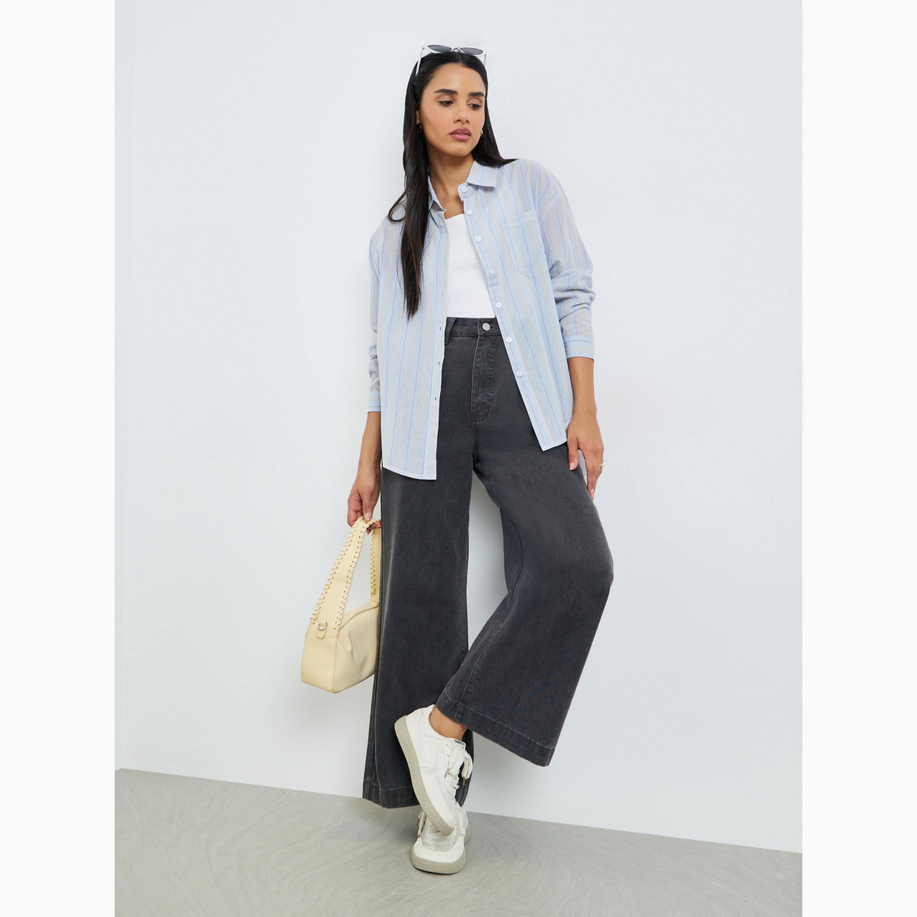Styli Blue Striped Oversized Shirt-women-clothing-shirtsandblouses-shirts-image-2