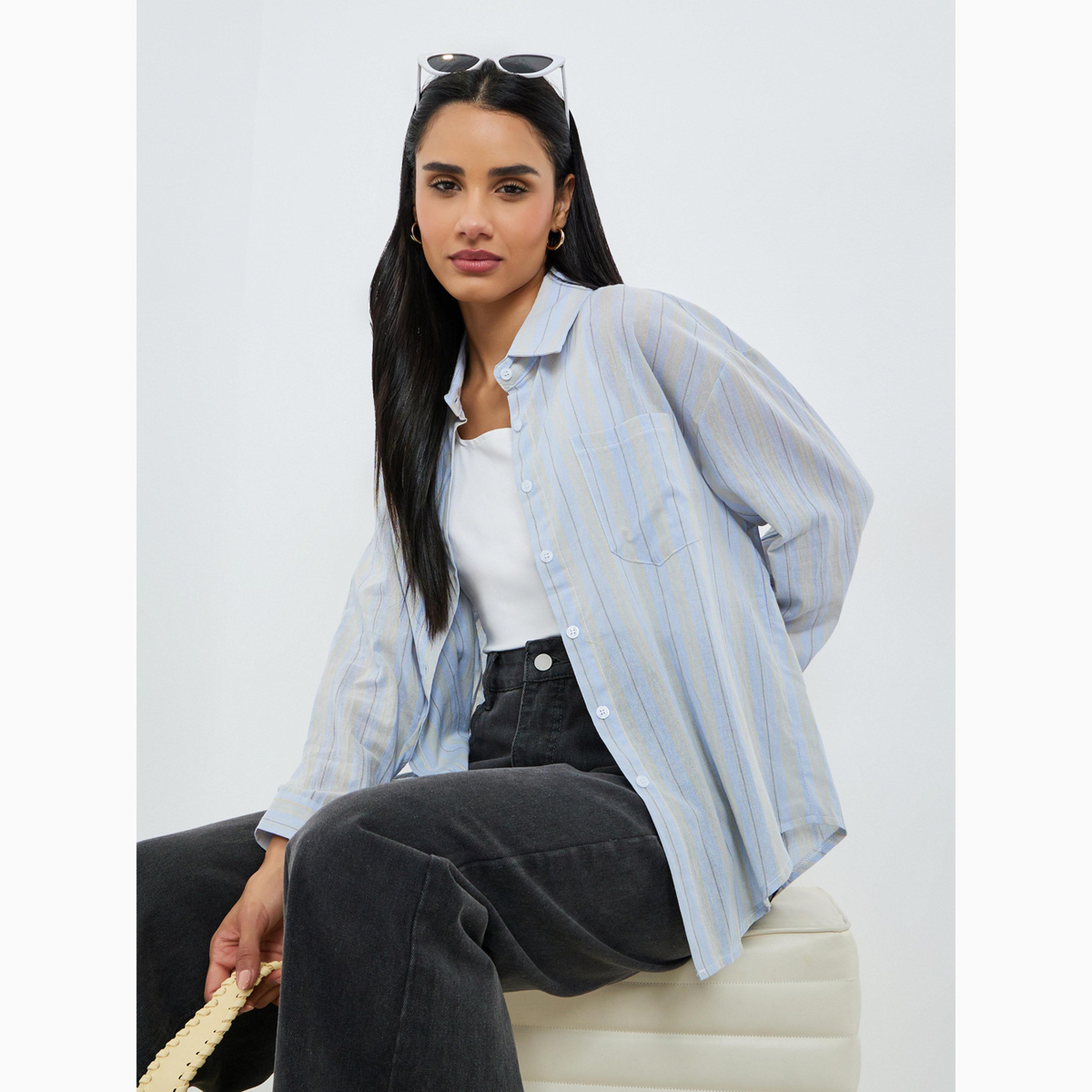 Styli Blue Striped Oversized Shirt-women-clothing-shirtsandblouses-shirts-image-3