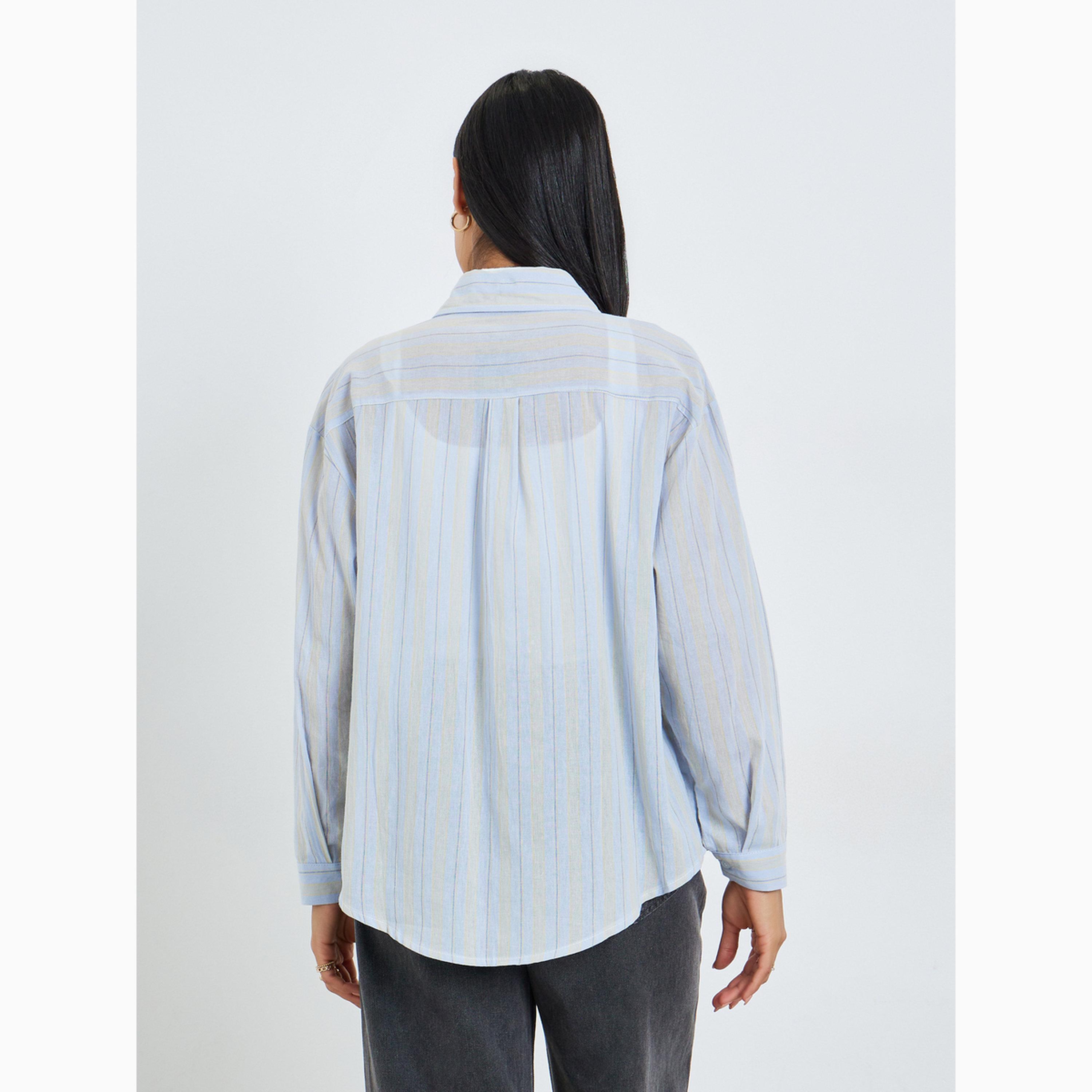 Styli Blue Striped Oversized Shirt-women-clothing-shirtsandblouses-shirts-image-4