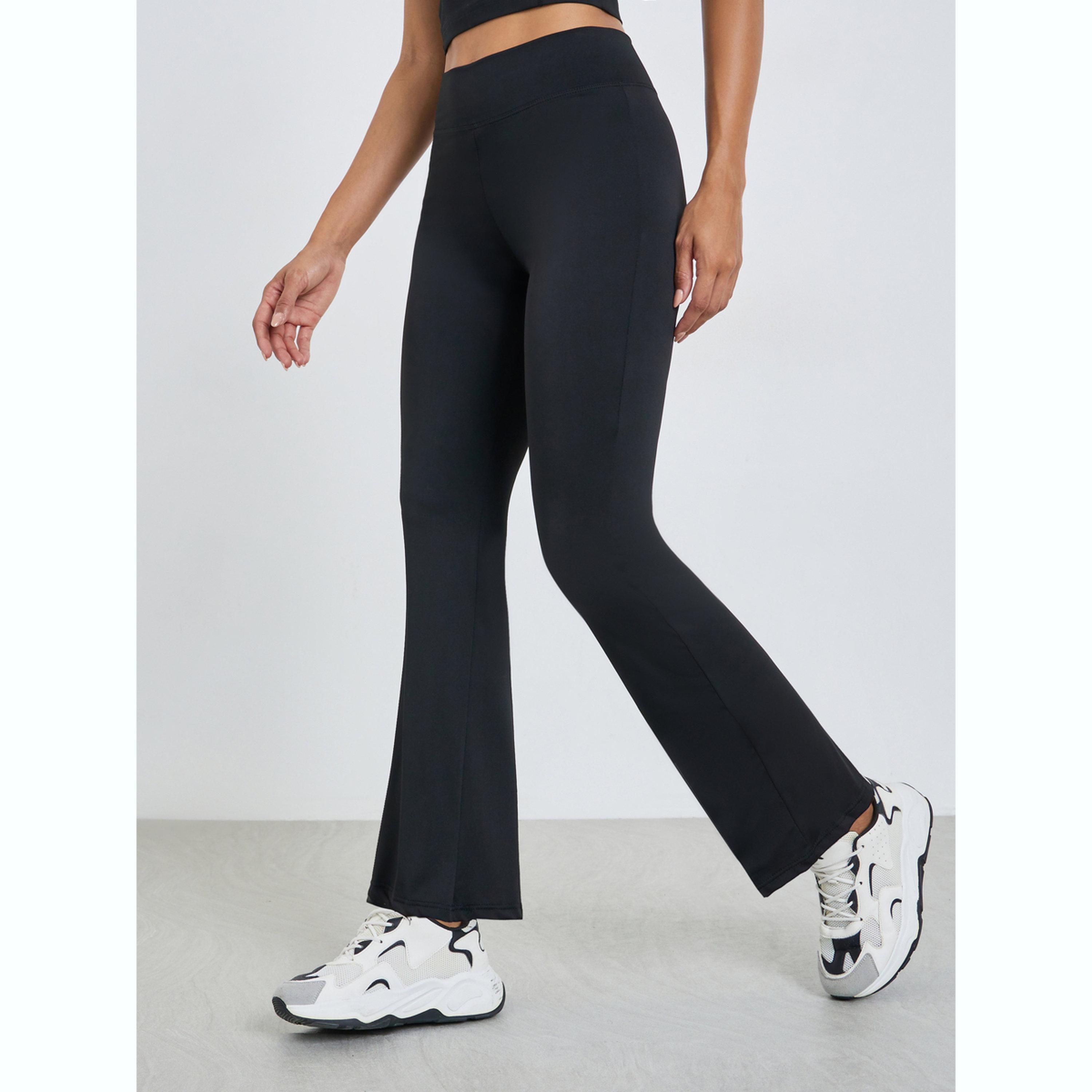 Styli Black Solid Flared Yoga Leggings-women-clothing-bottoms-leggings-image-1