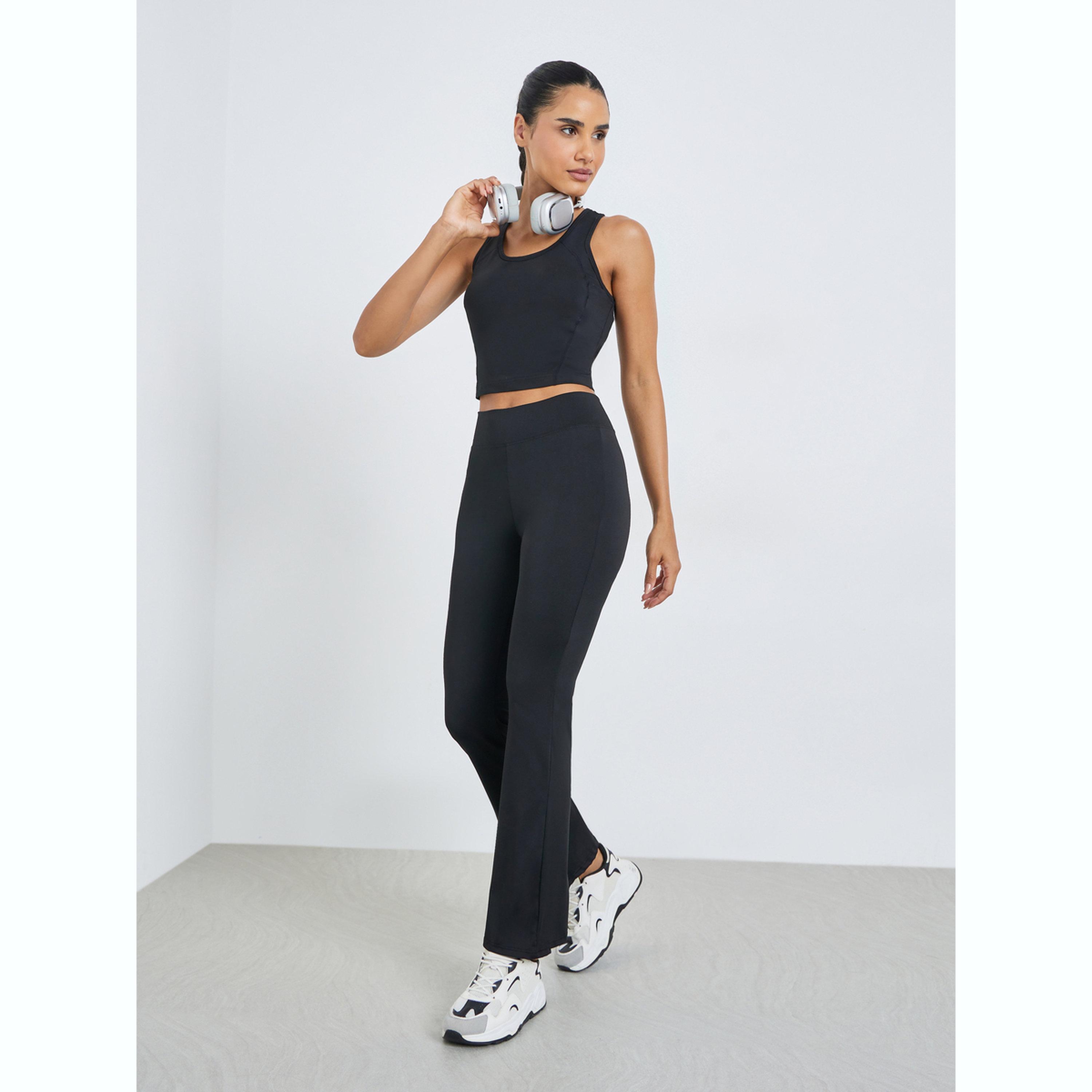 Styli Black Solid Flared Yoga Leggings-women-clothing-bottoms-leggings-image-2