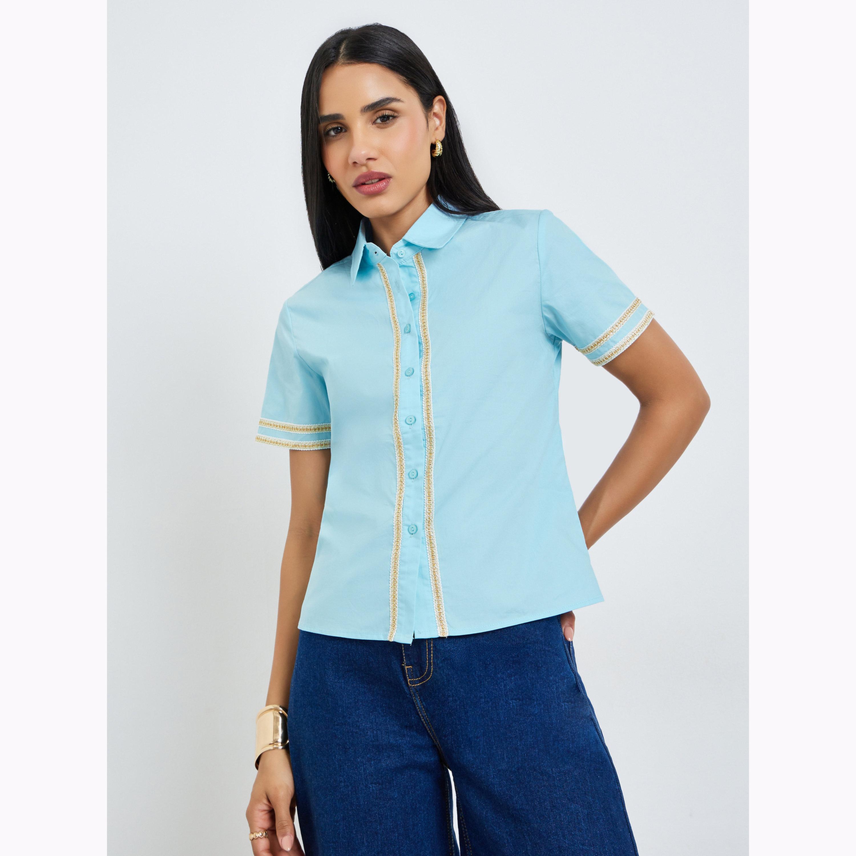 بلوزة بأزرار وتفاصيل متباينة بلون أزرق-women-clothing-shirtsandblouses-shirts-image-1