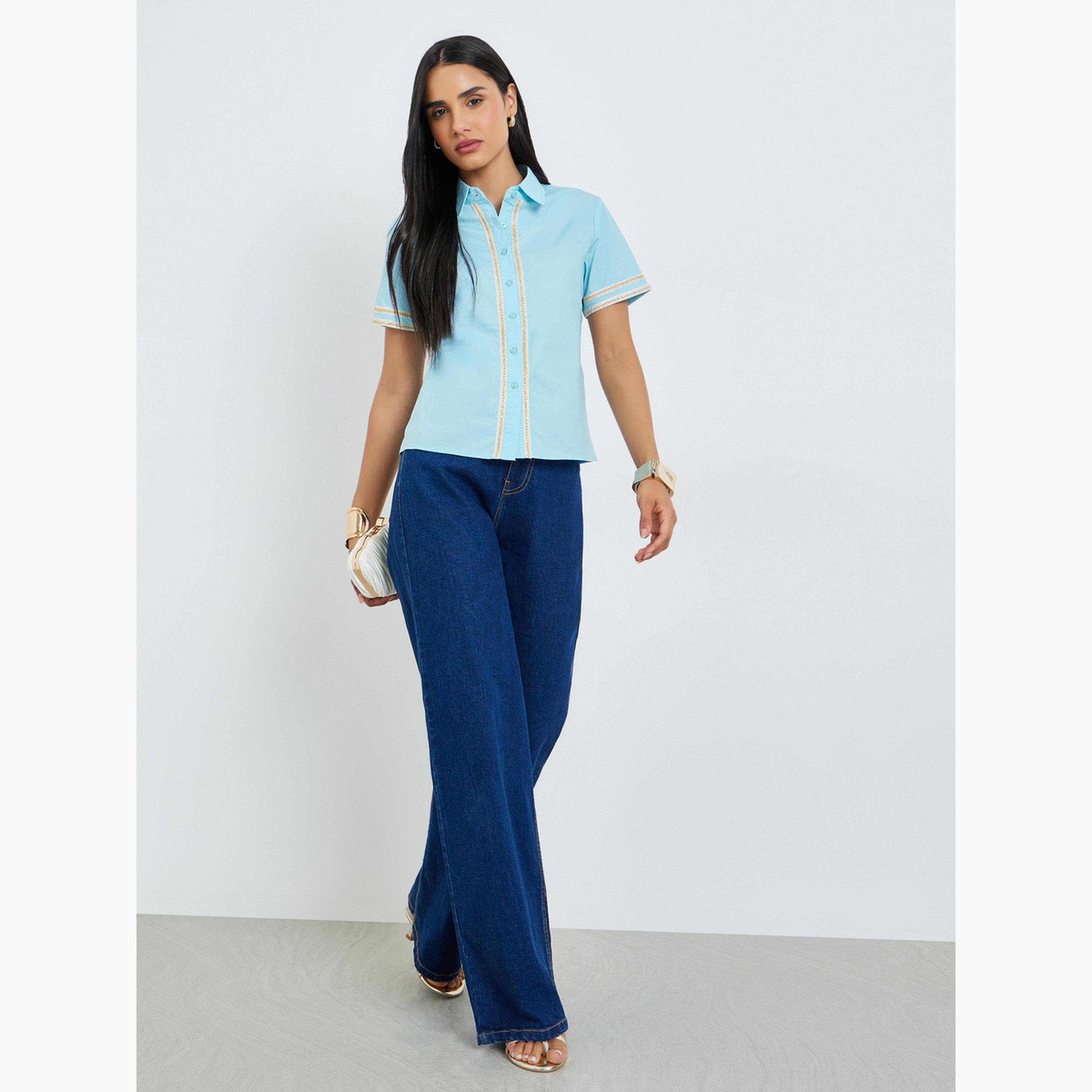 بلوزة بأزرار وتفاصيل متباينة بلون أزرق-women-clothing-shirtsandblouses-shirts-image-2