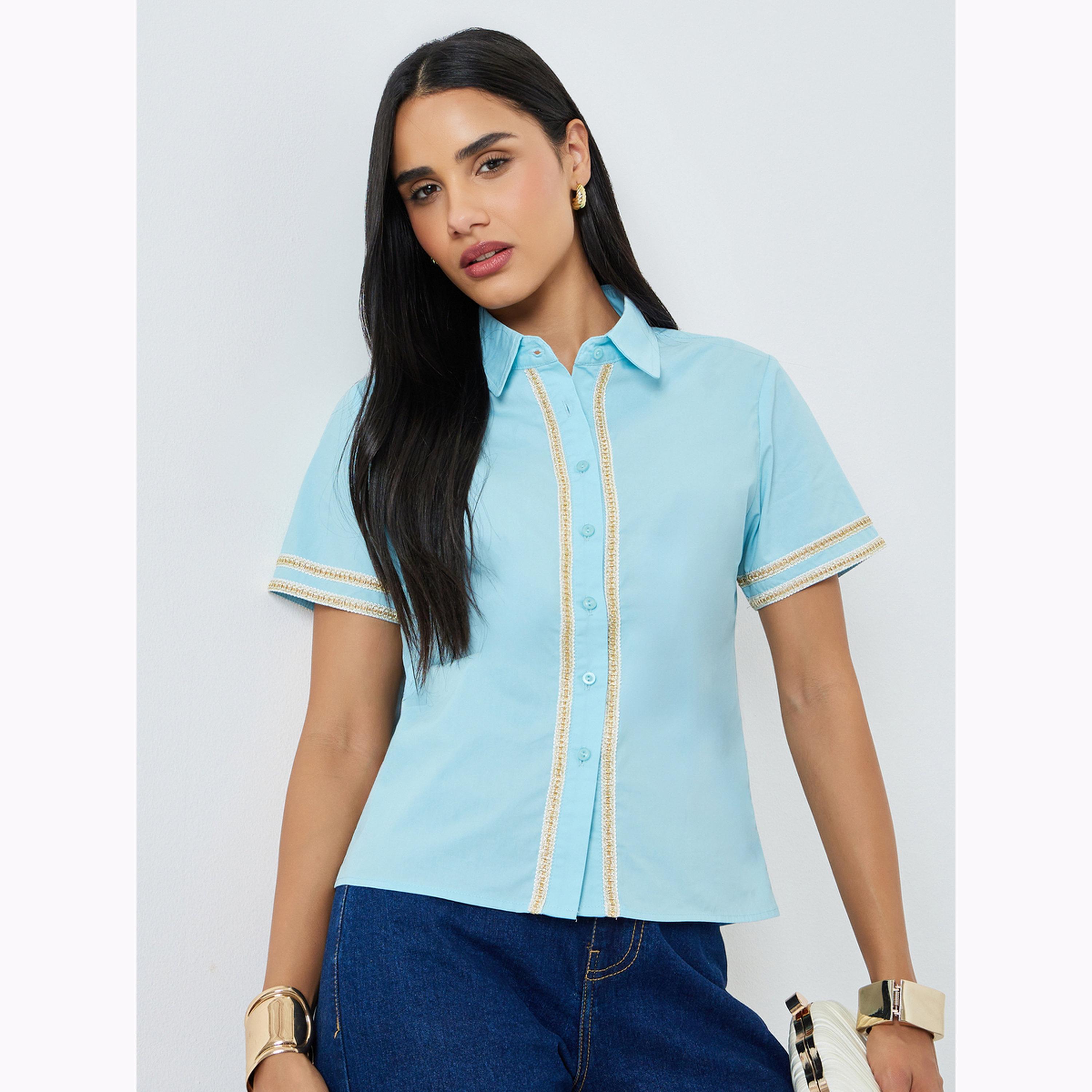 Styli Blue Contrast Trim Buttoned Shirt-women-clothing-shirtsandblouses-shirts-image-3