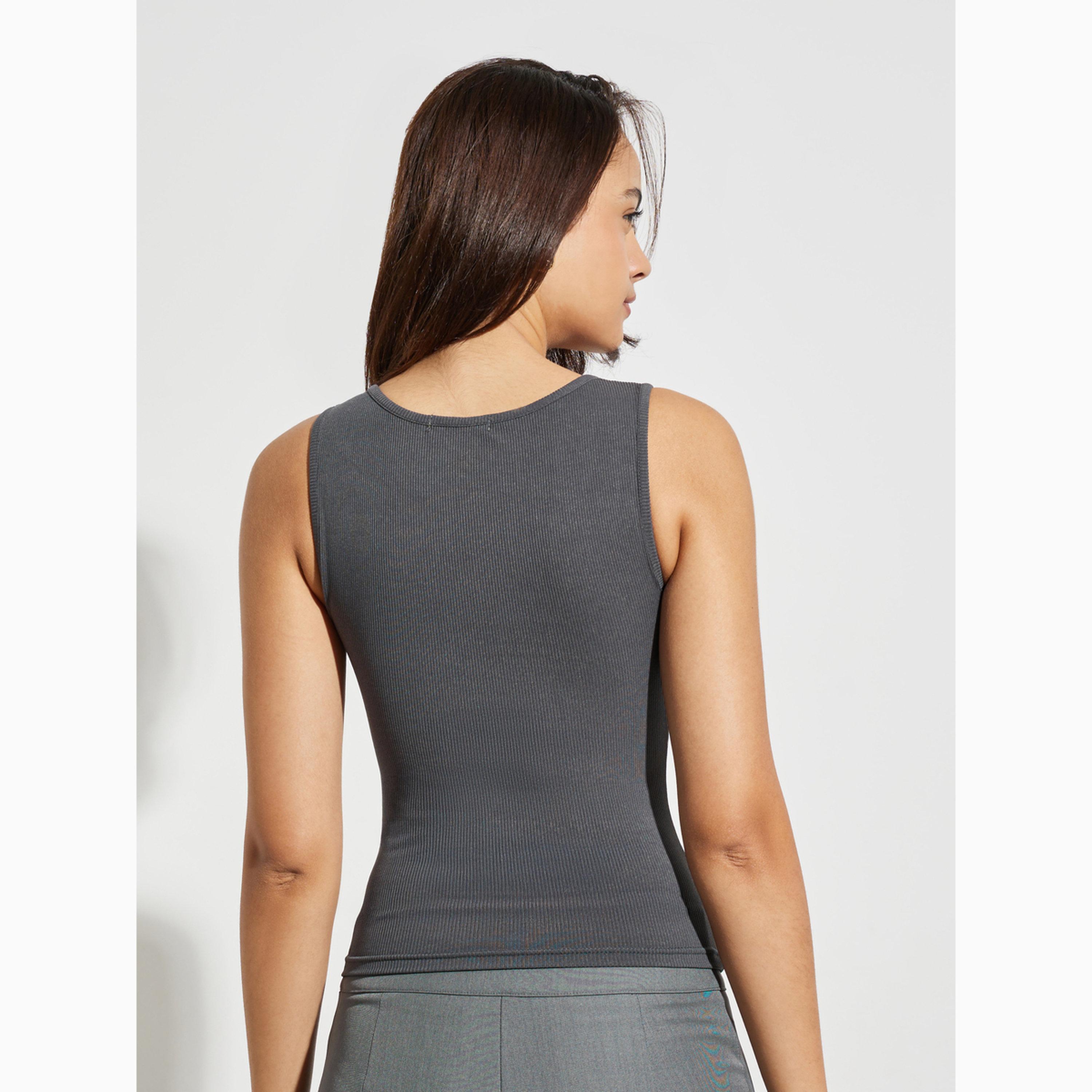 Styli Grey Ribbed Tank Top with Button Detail-women-clothing-shirtsandblouses-blouses-image-4