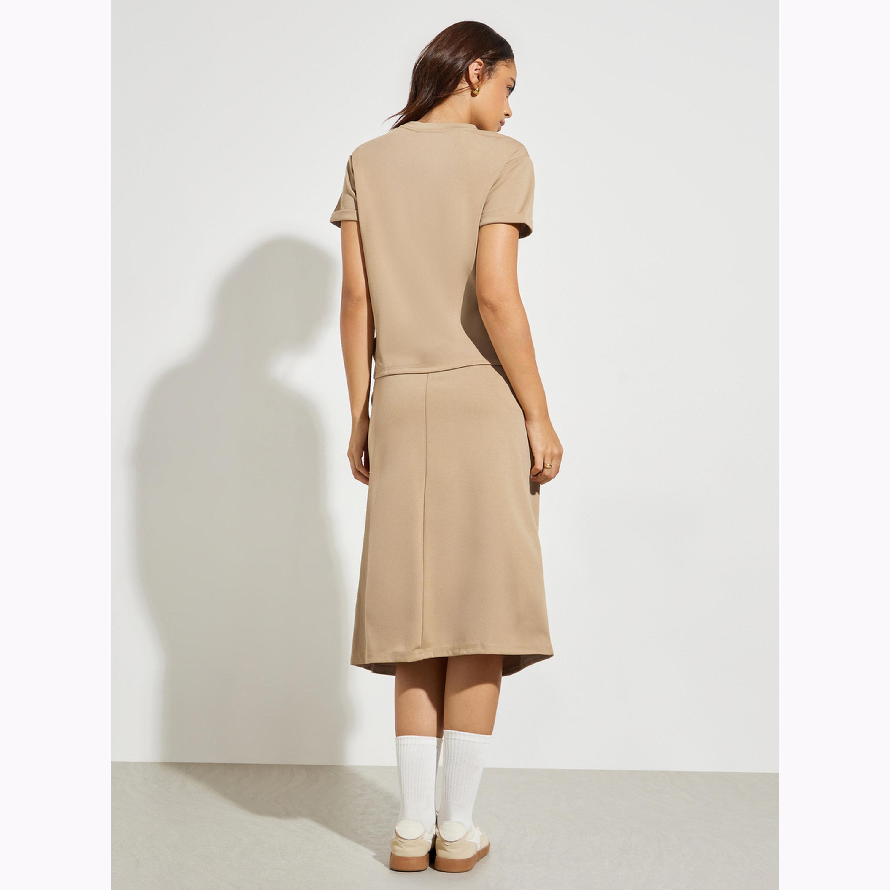 Styli Khaki Solid T-Shirt and Tie Waist Skirt Co-ords-women-clothing-coordsets-image-3