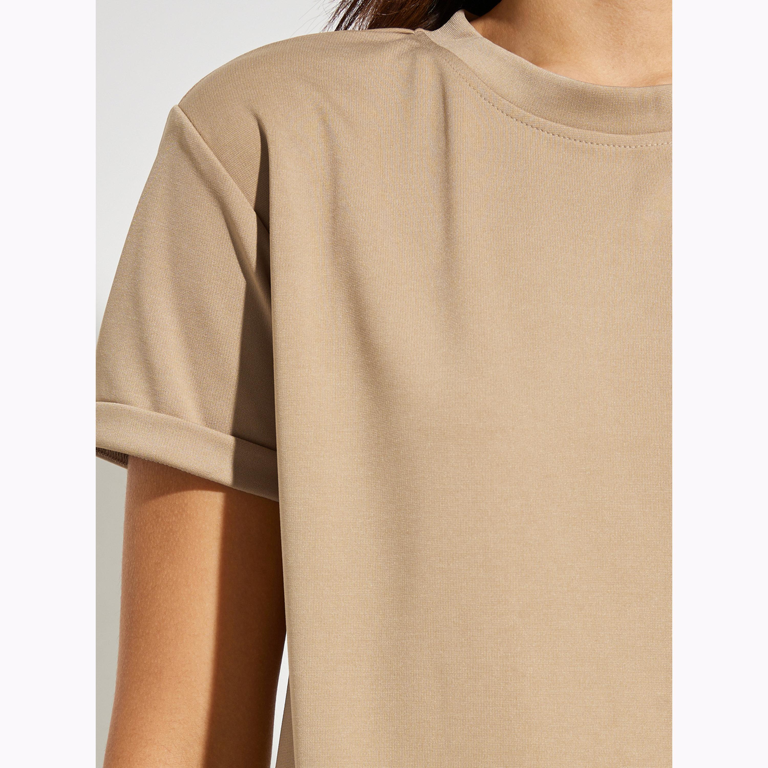 طقم منسق من تنورة برباط خصر وتيشيرت بلون كاكي-women-clothing-coordsets-image-6