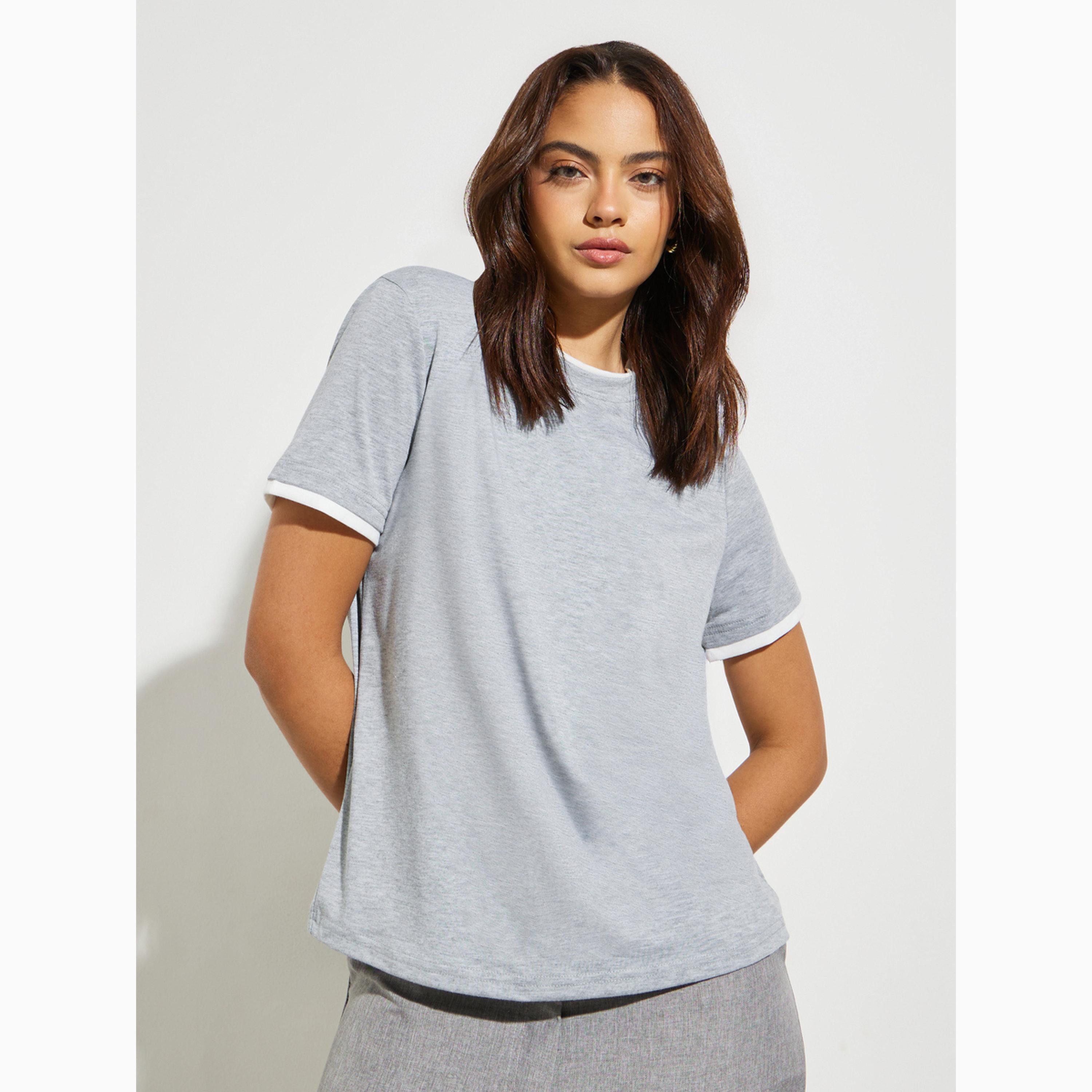 Styli Grey Round Neck Spliced Hem T-Shirt-women-clothing-tshirts-image-1