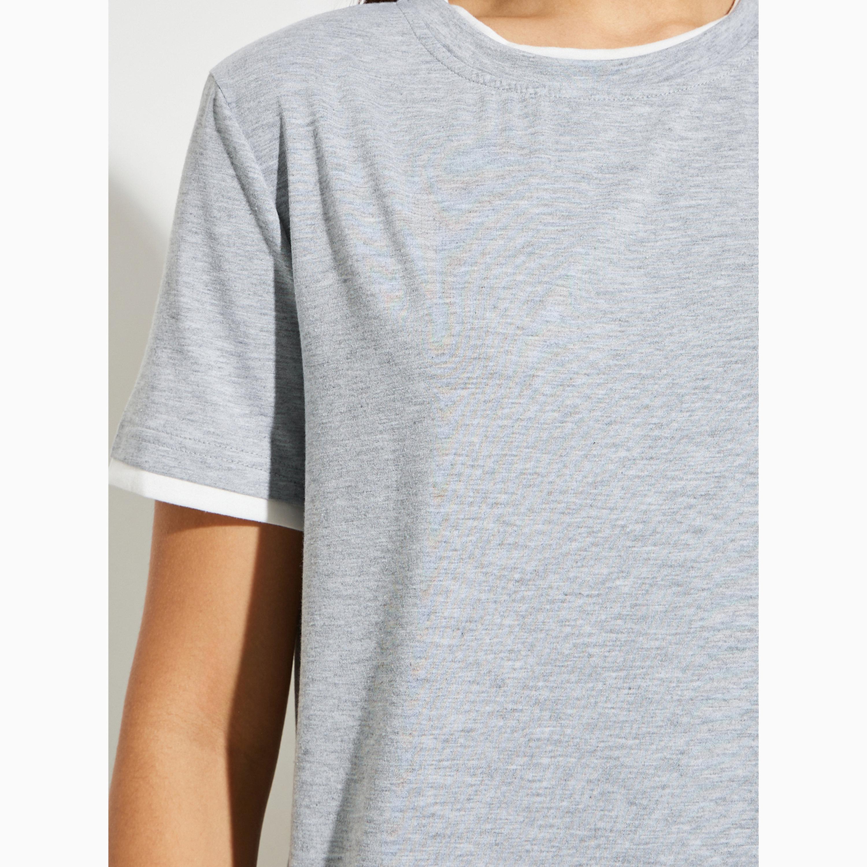 Styli Grey Round Neck Spliced Hem T-Shirt-women-clothing-tshirts-image-5