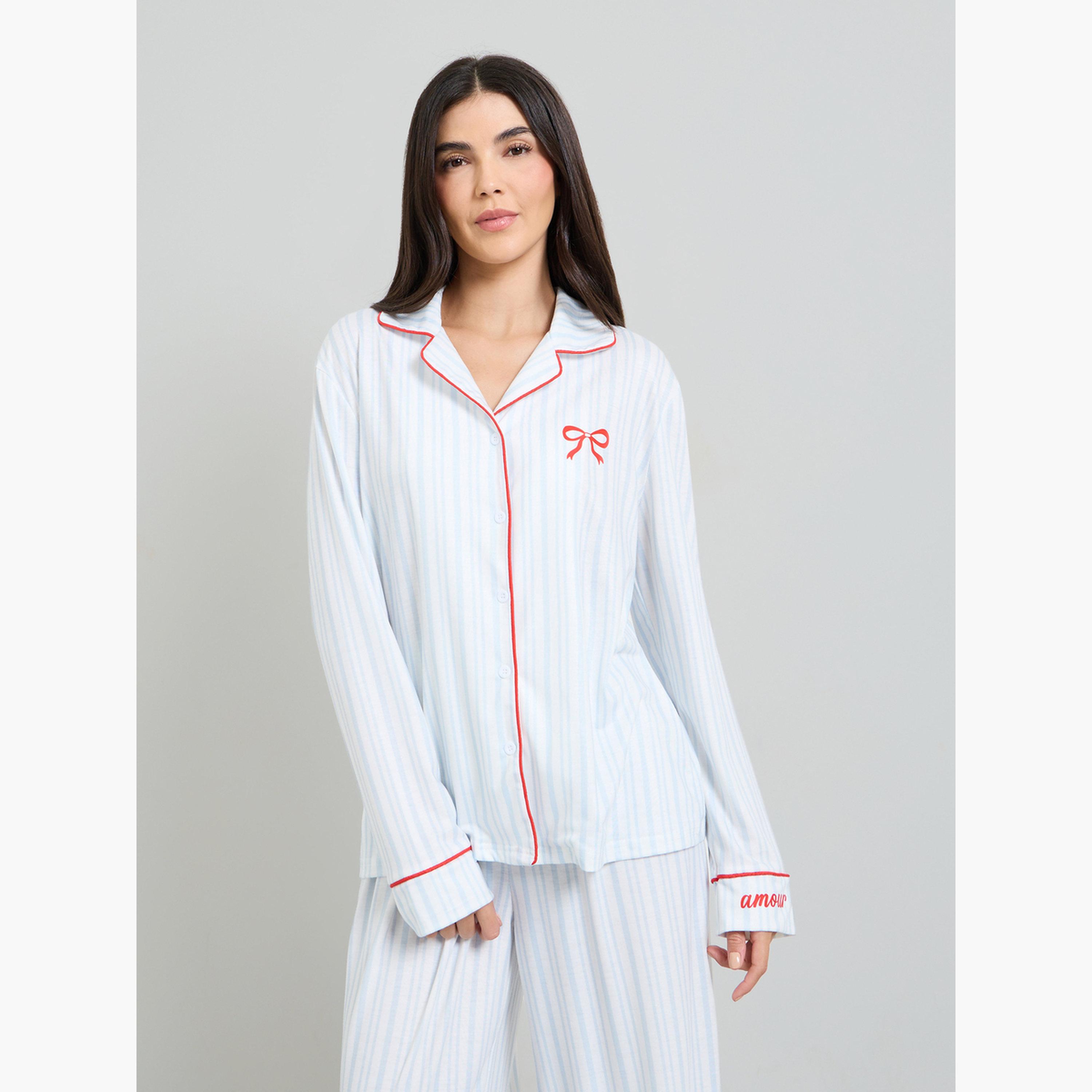 طقم بيجاما من بنطال وبلوزة مخططة بطبعة فيونكة-women-clothing-nightwear-pyjamas-longsets-image-2