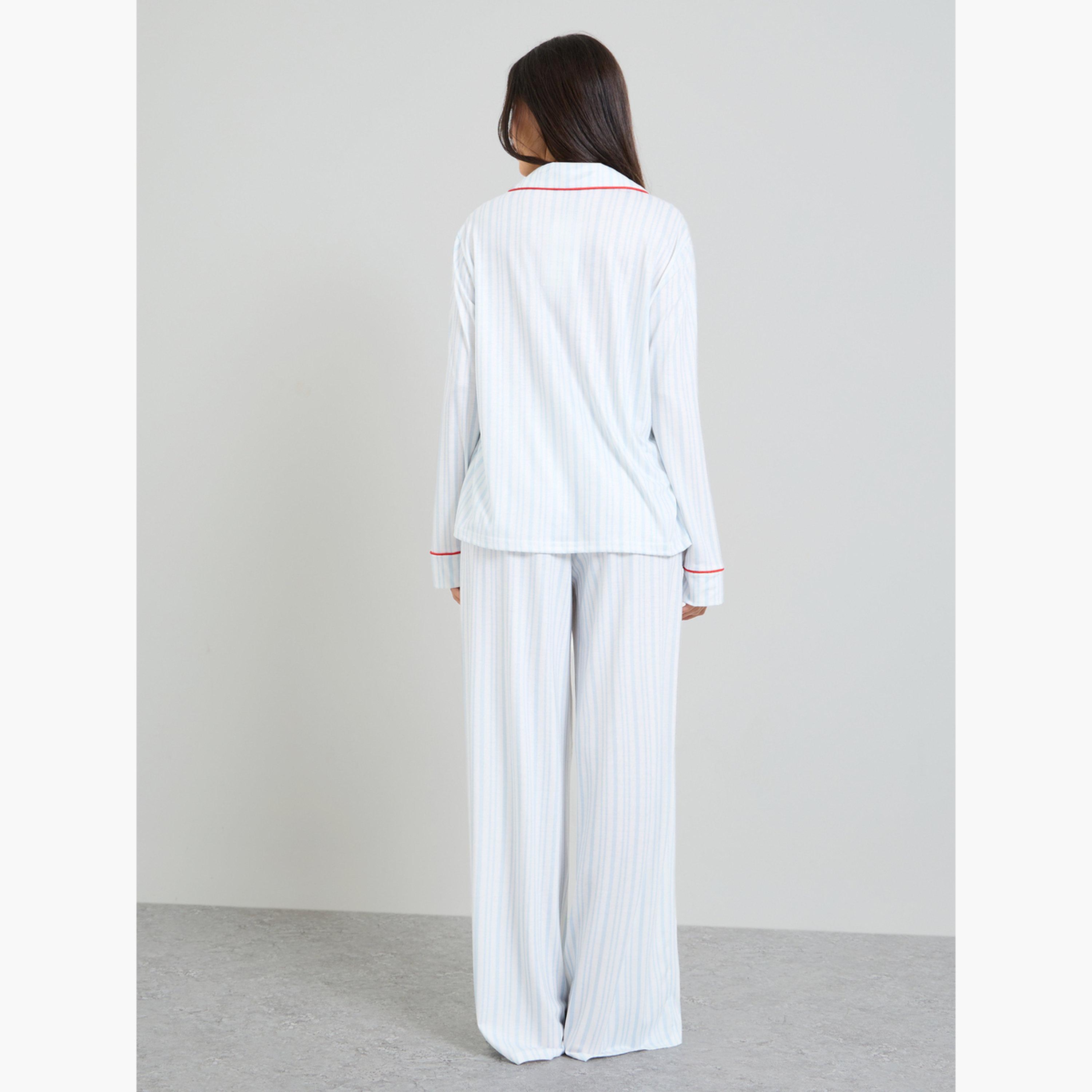 طقم بيجاما من بنطال وبلوزة مخططة بطبعة فيونكة-women-clothing-nightwear-pyjamas-longsets-image-3