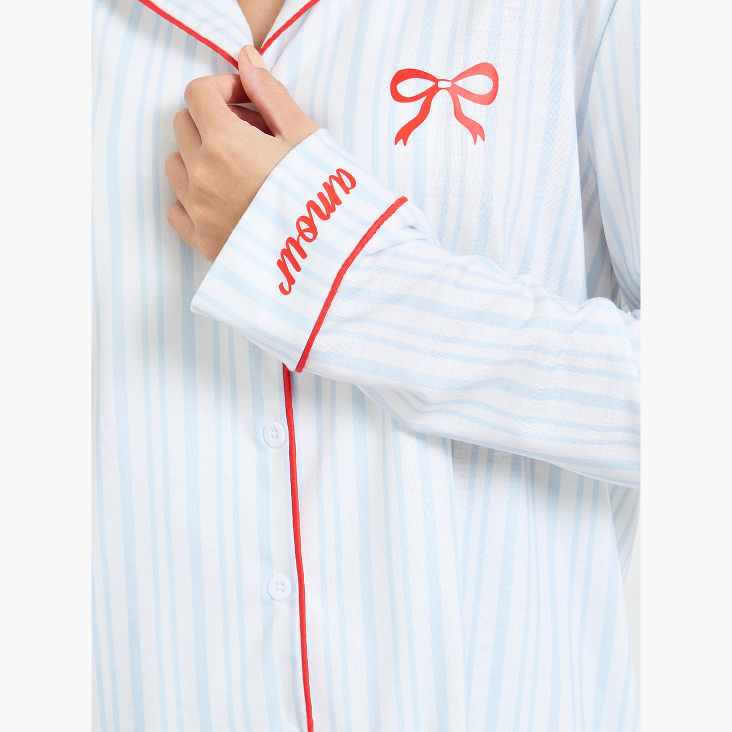 طقم بيجاما من بنطال وبلوزة مخططة بطبعة فيونكة-women-clothing-nightwear-pyjamas-longsets-image-5