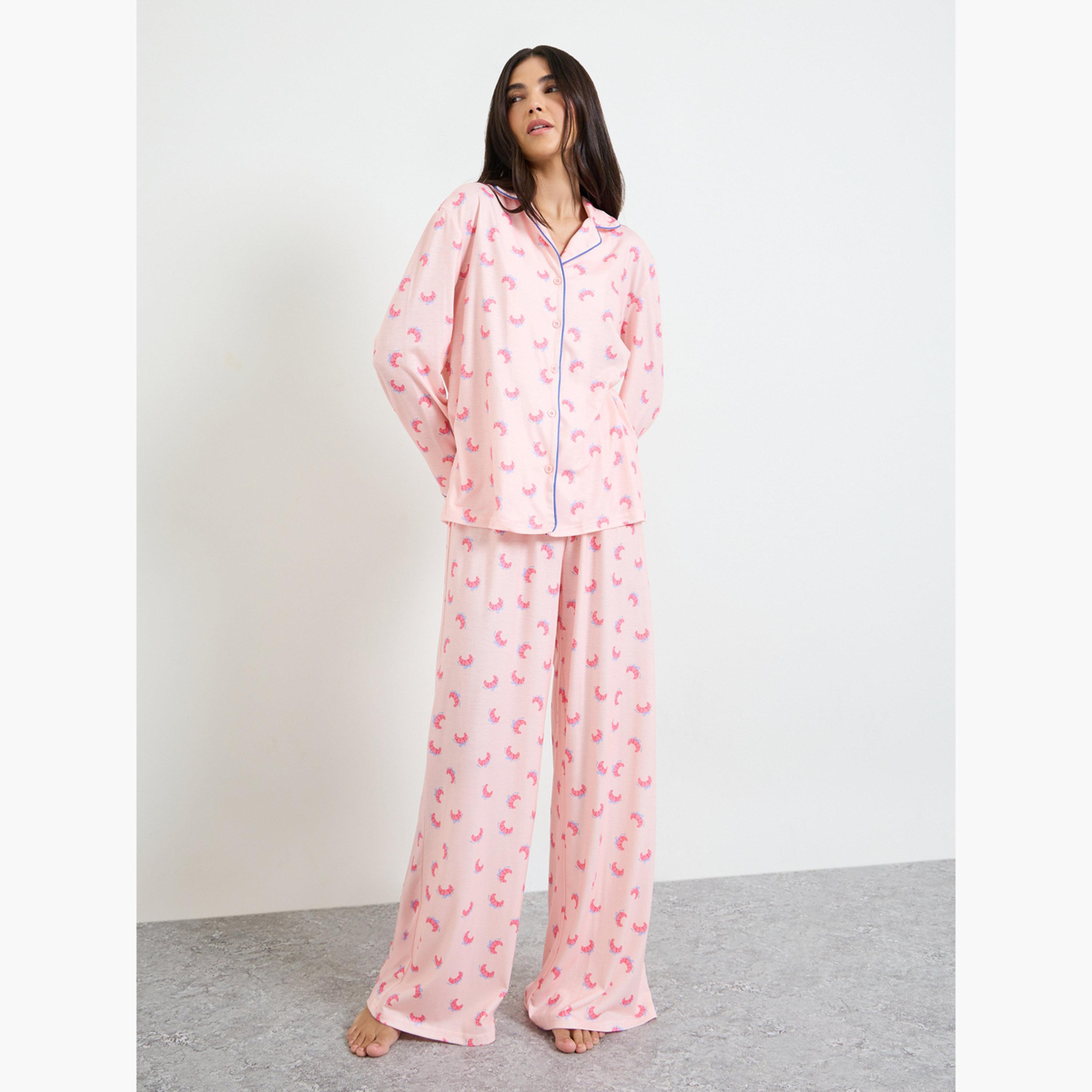 Styli Pink Croissant Bow Piped Long Sleeve Shirt and Pyjama Set-women-clothing-nightwear-pyjamas-longsets-image-1