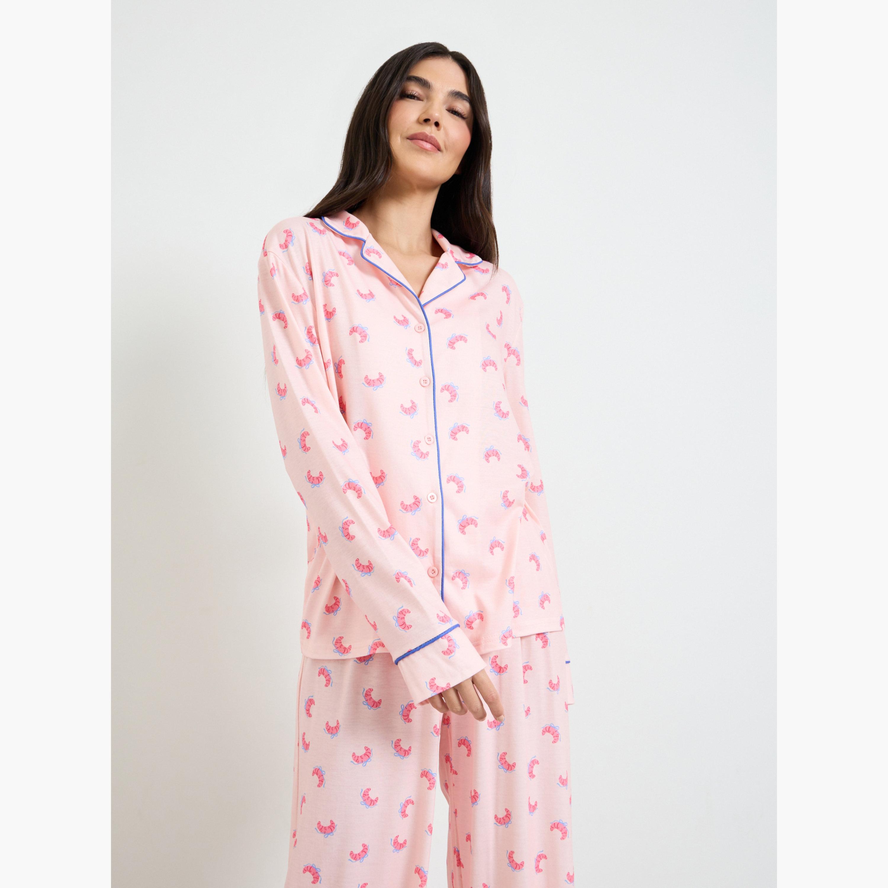 طقم بيجاما من بنطال وبلوزة بأكمام طويلة وطبعة فيونكات-women-clothing-nightwear-pyjamas-longsets-image-2