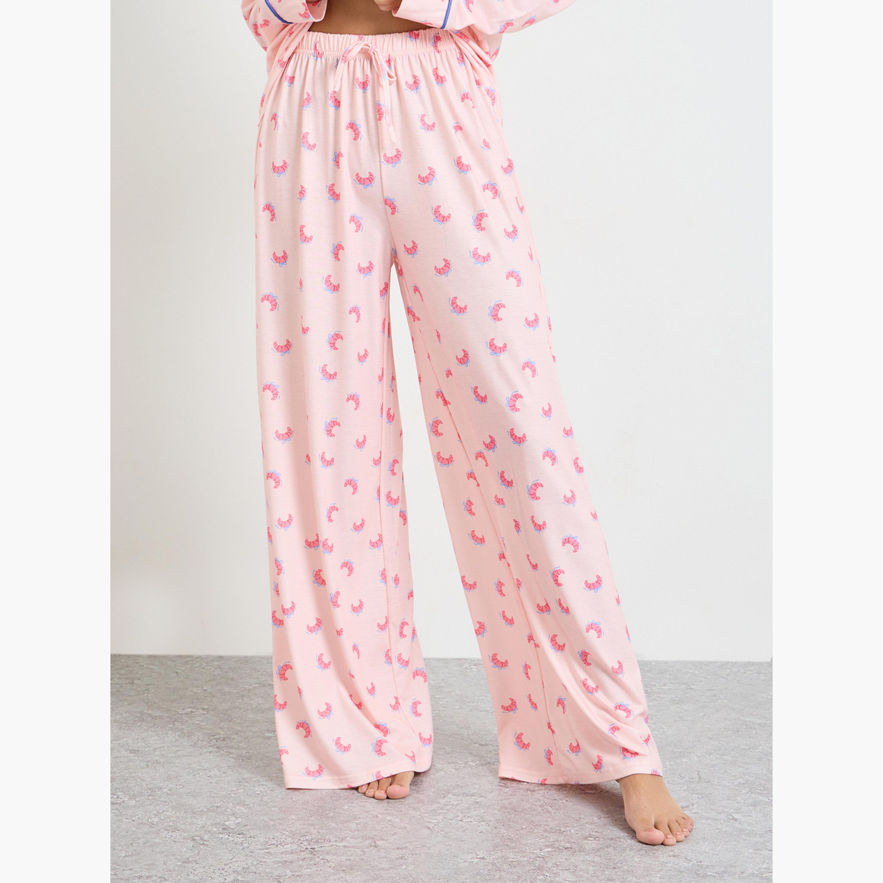 طقم بيجاما من بنطال وبلوزة بأكمام طويلة وطبعة فيونكات-women-clothing-nightwear-pyjamas-longsets-image-4