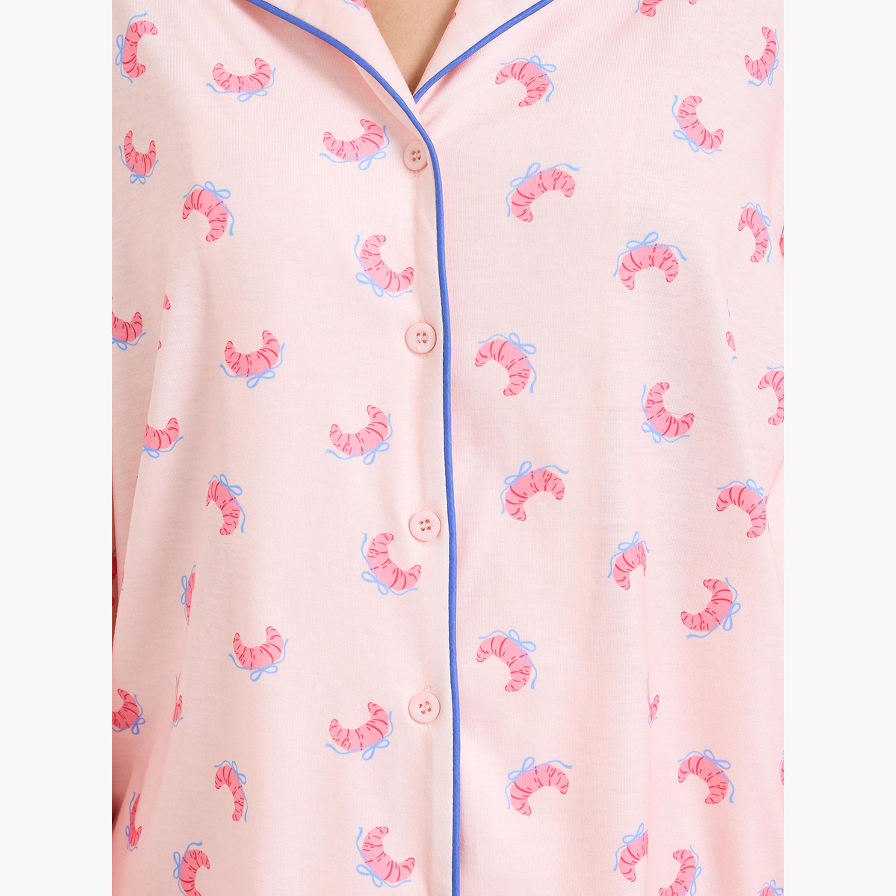 Styli Pink Croissant Bow Piped Long Sleeve Shirt and Pyjama Set-women-clothing-nightwear-pyjamas-longsets-image-5
