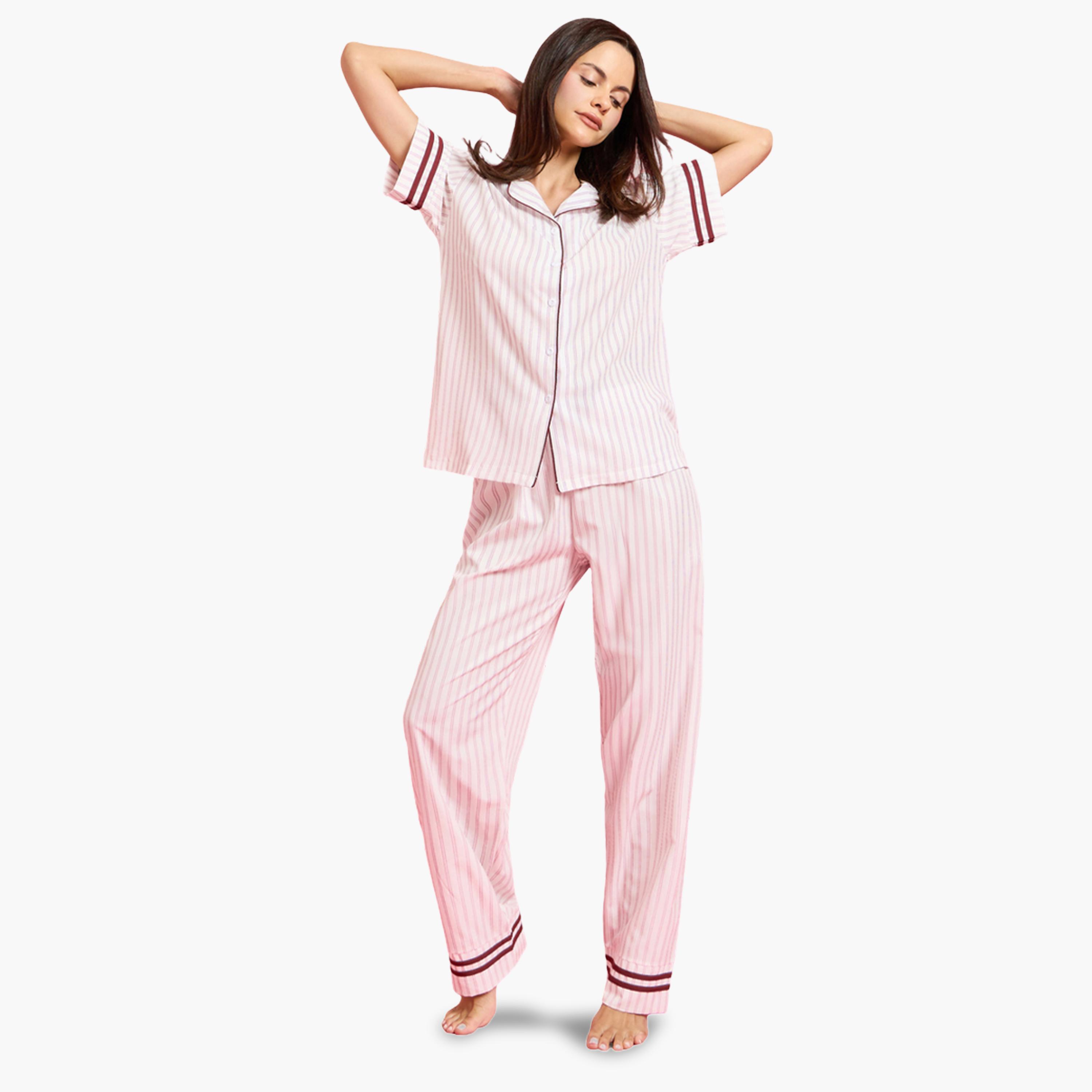 طقم بيجاما من بنطال وقميص بأشرطة ومخطط-women-clothing-nightwear-pyjamas-longsets-image-1