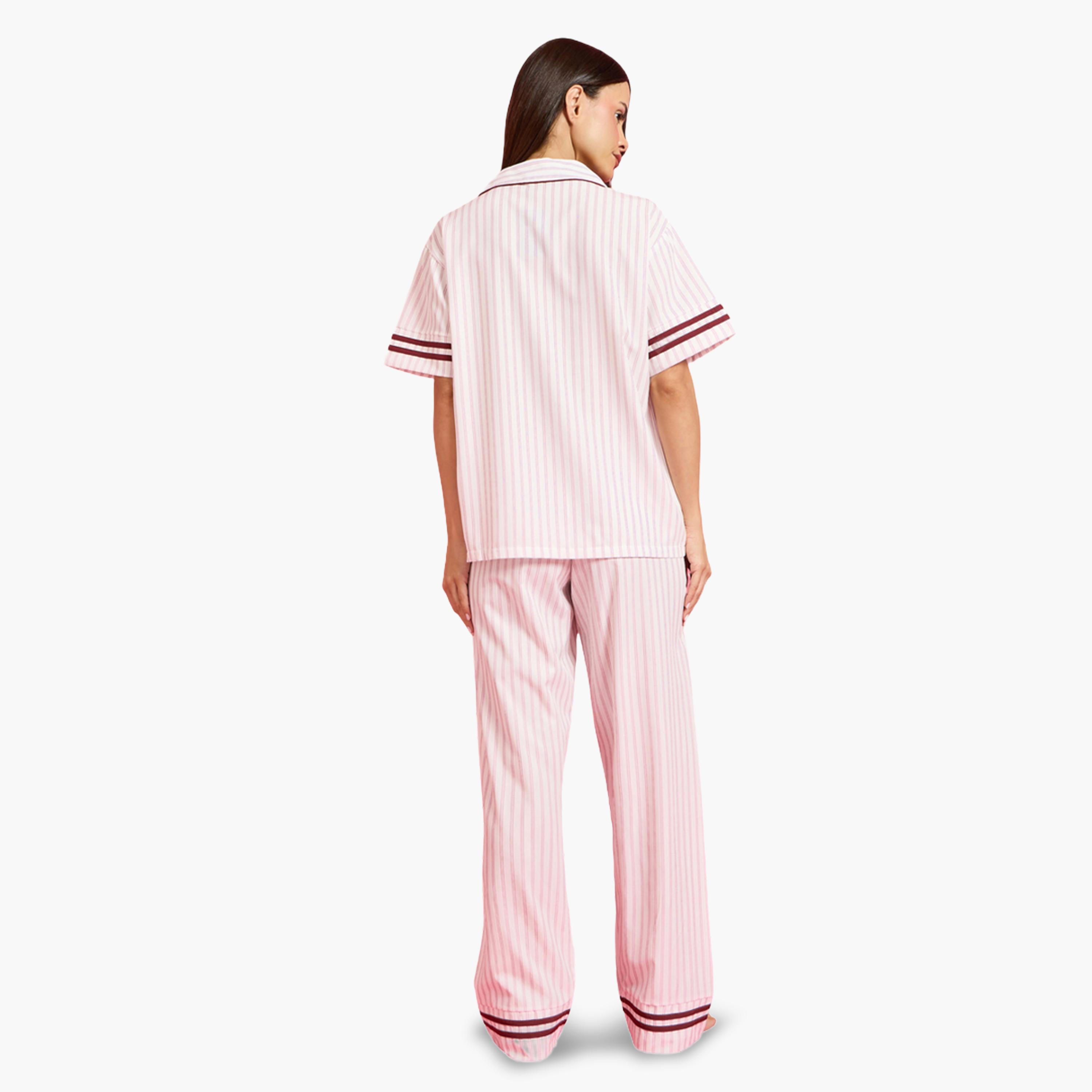طقم بيجاما من بنطال وقميص بأشرطة ومخطط-women-clothing-nightwear-pyjamas-longsets-image-3