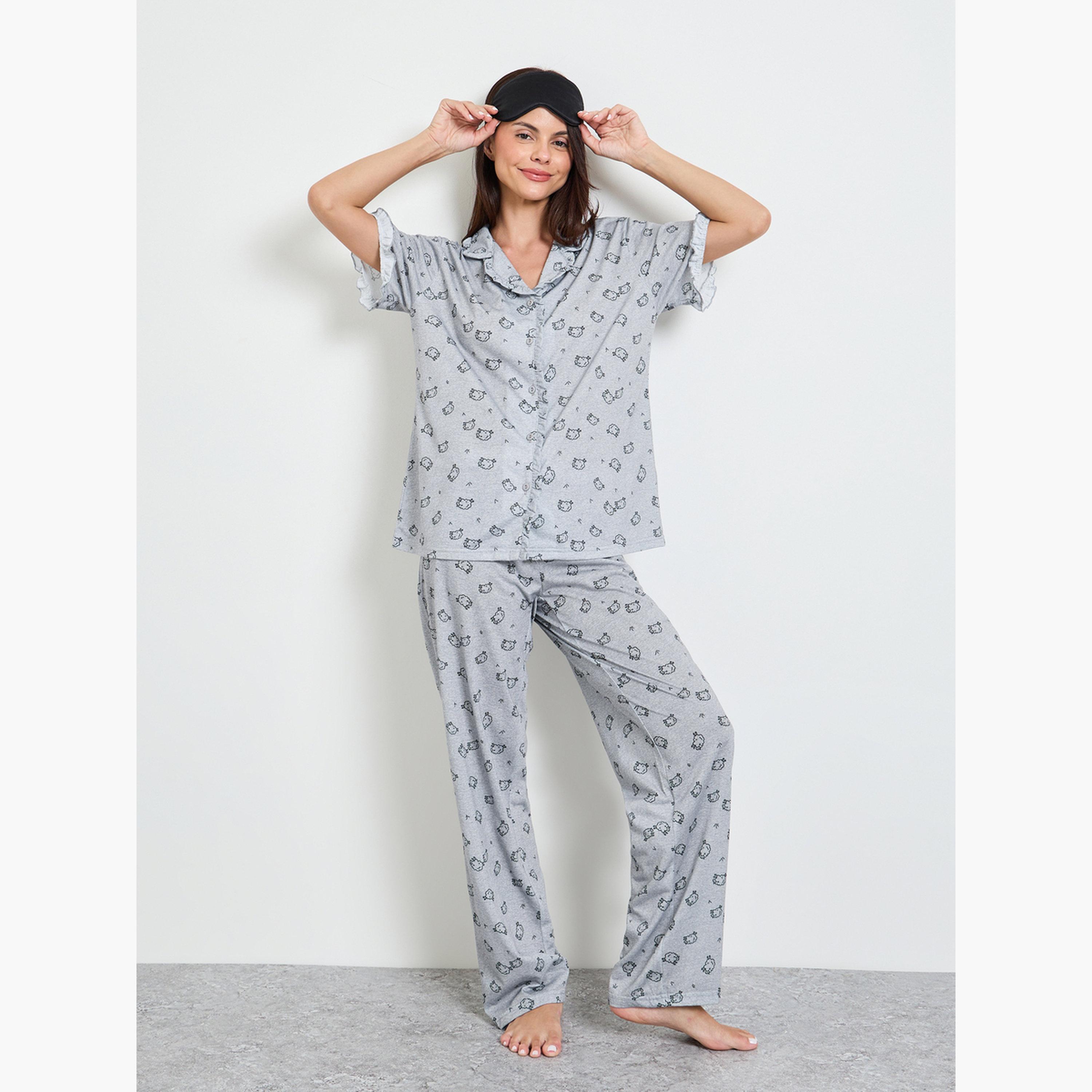 Styli Grey Ruffle Seam Detail Sheep Print Shirt and Pyjama Set-women-clothing-nightwear-pyjamas-longsets-image-1