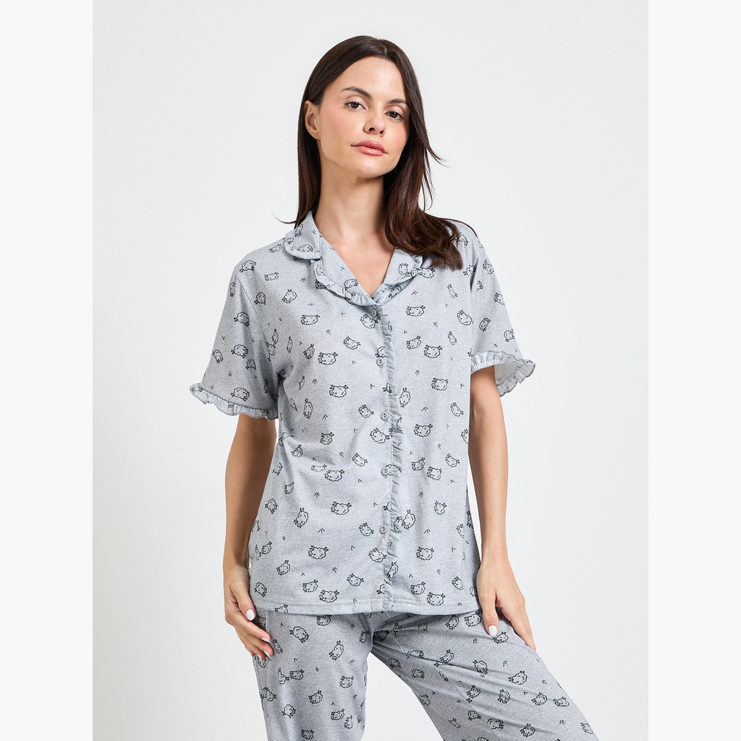 Styli Grey Ruffle Seam Detail Sheep Print Shirt and Pyjama Set-women-clothing-nightwear-pyjamas-longsets-image-2