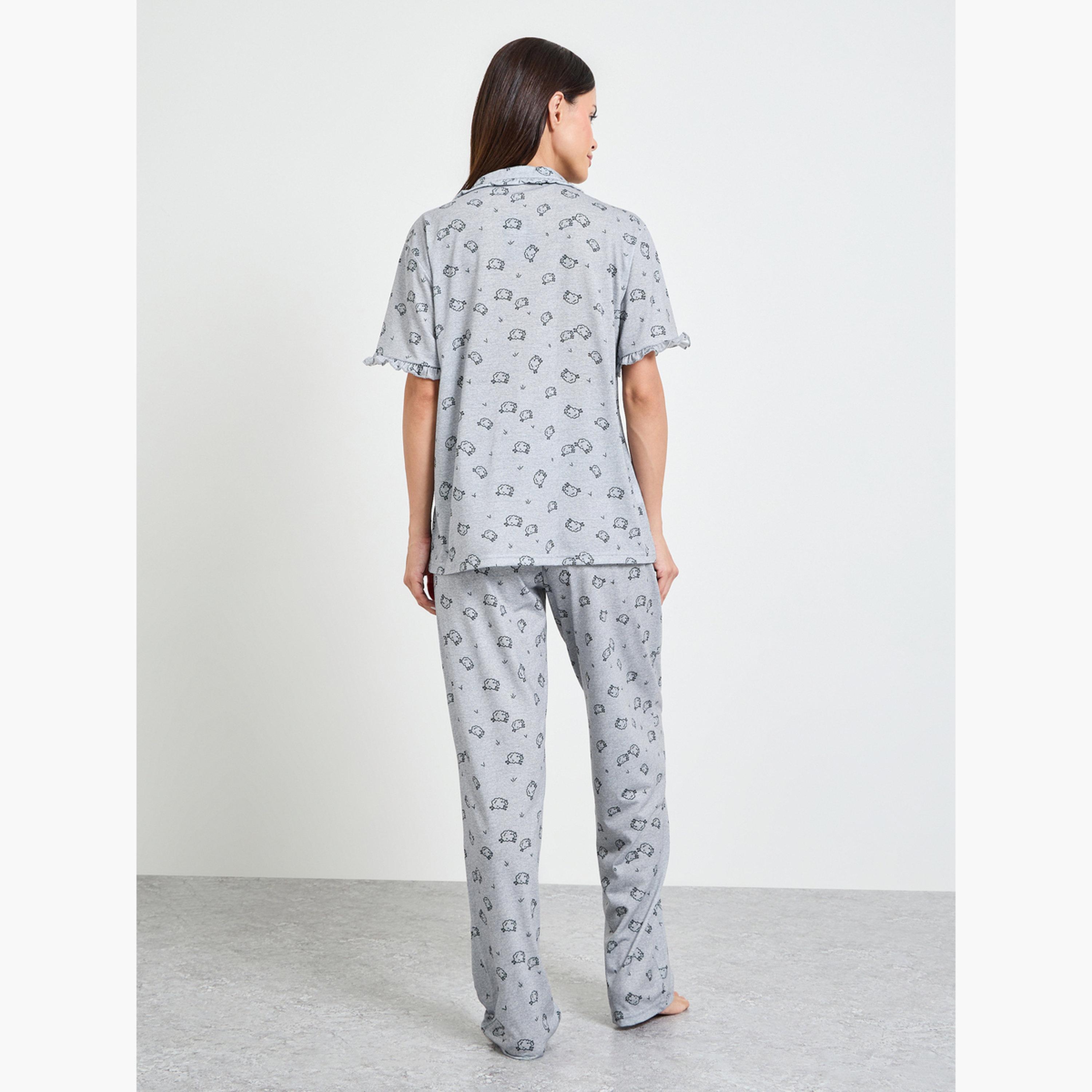 Styli Grey Ruffle Seam Detail Sheep Print Shirt and Pyjama Set-women-clothing-nightwear-pyjamas-longsets-image-3