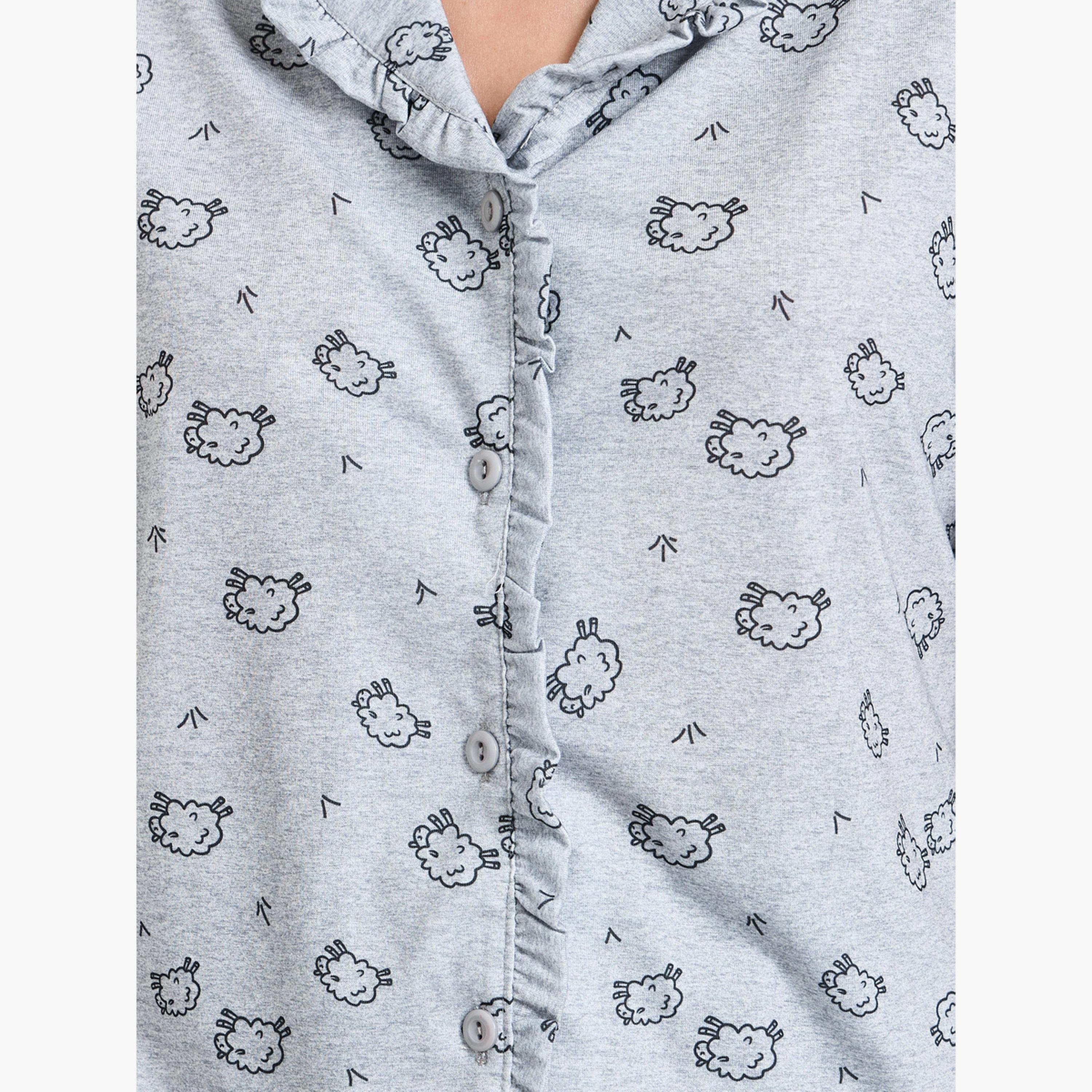 Styli Grey Ruffle Seam Detail Sheep Print Shirt and Pyjama Set-women-clothing-nightwear-pyjamas-longsets-image-5