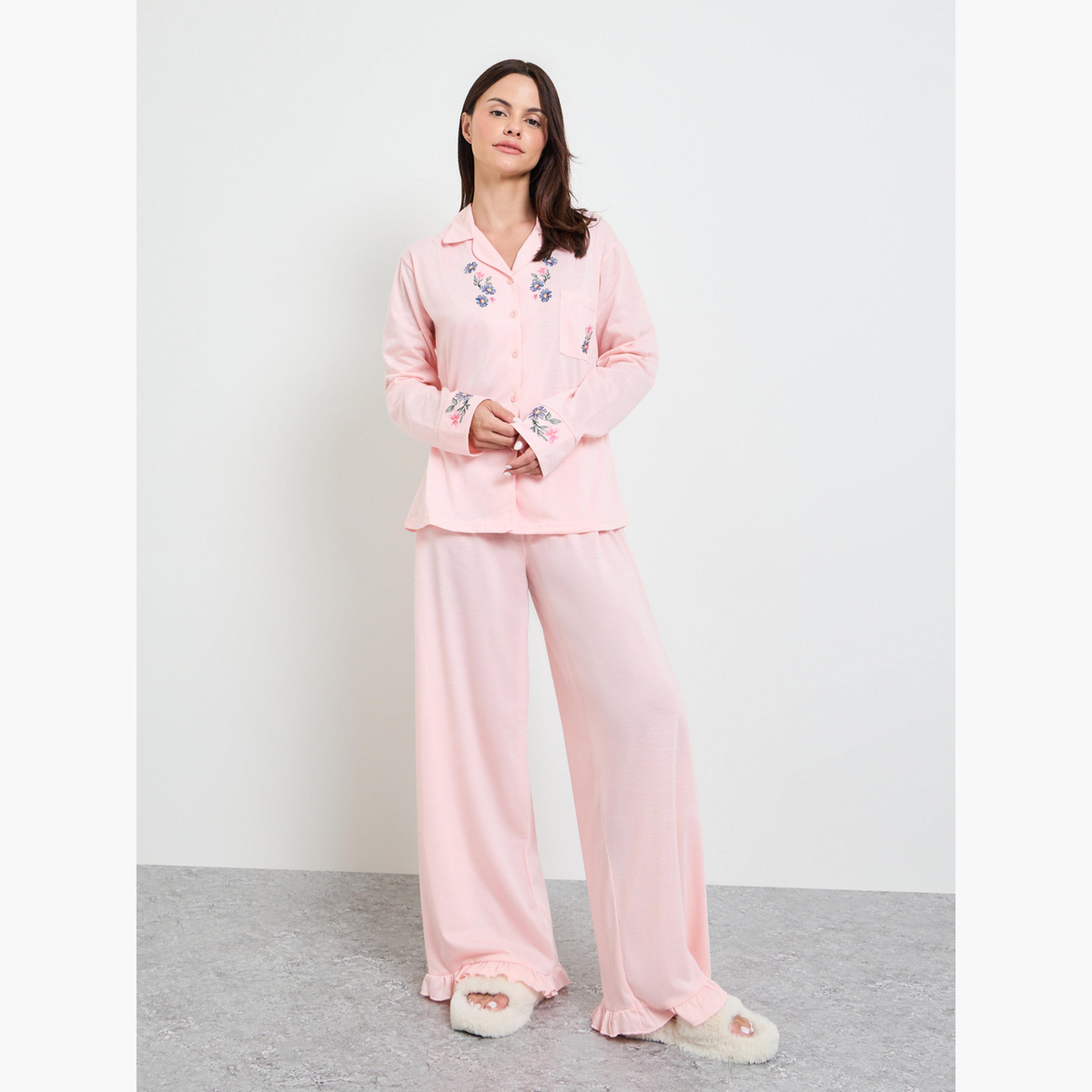 Styli Pink Floral Print Pocket Detail Shirt and Ruffle Hem Pyjama Set-women-clothing-nightwear-pyjamas-longsets-image-1