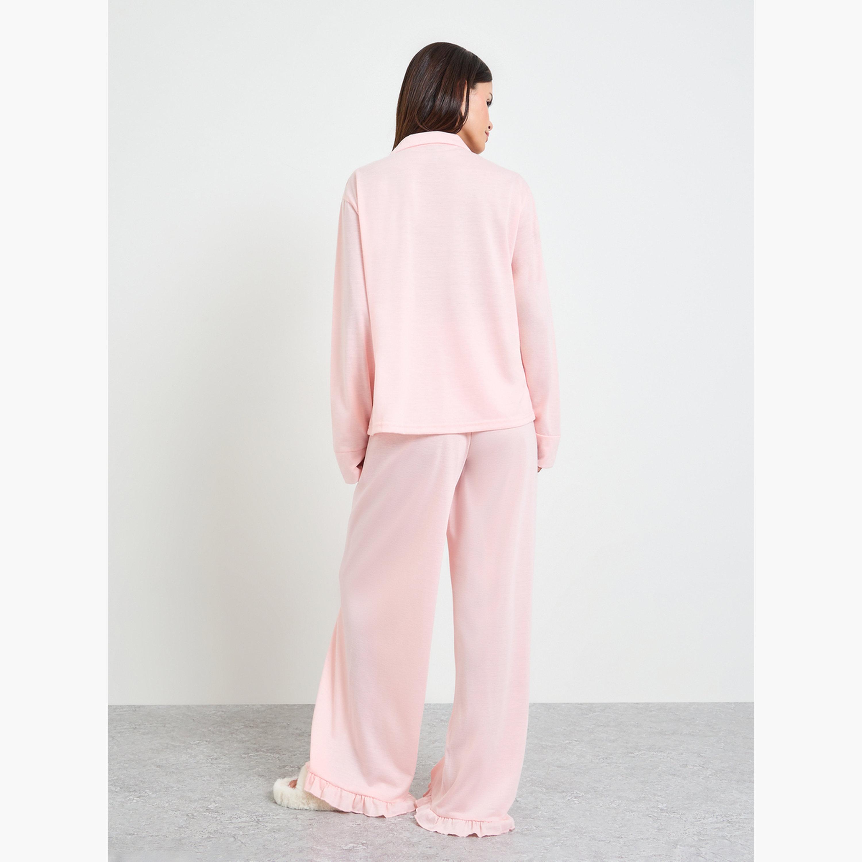 Styli Pink Floral Print Pocket Detail Shirt and Ruffle Hem Pyjama Set-women-clothing-nightwear-pyjamas-longsets-image-3