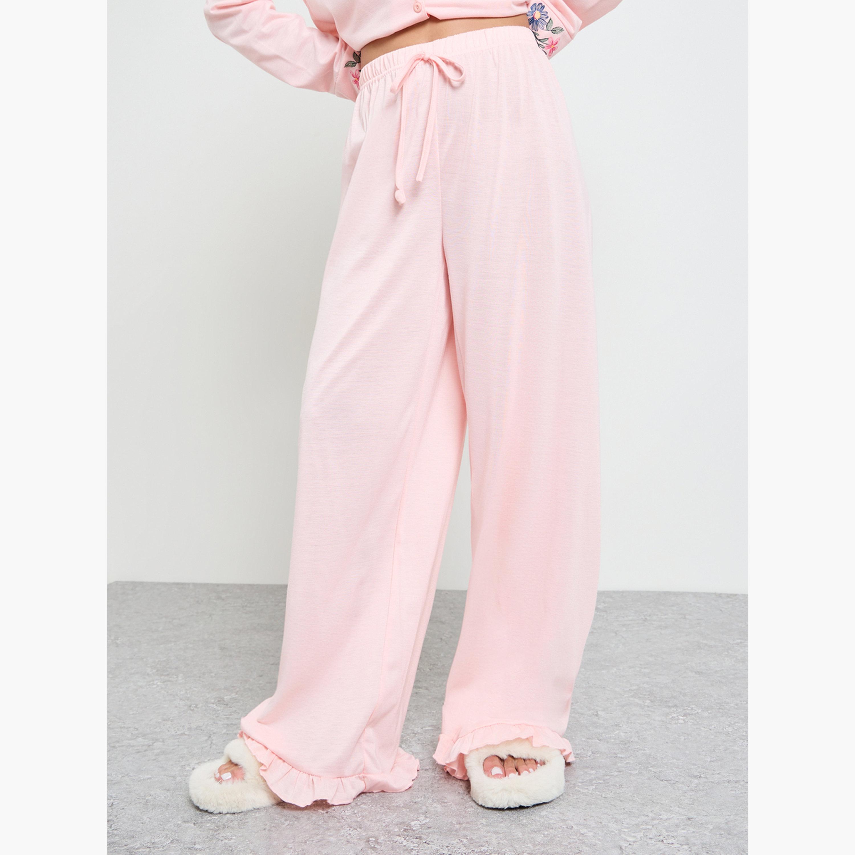 Styli Pink Floral Print Pocket Detail Shirt and Ruffle Hem Pyjama Set-women-clothing-nightwear-pyjamas-longsets-image-4