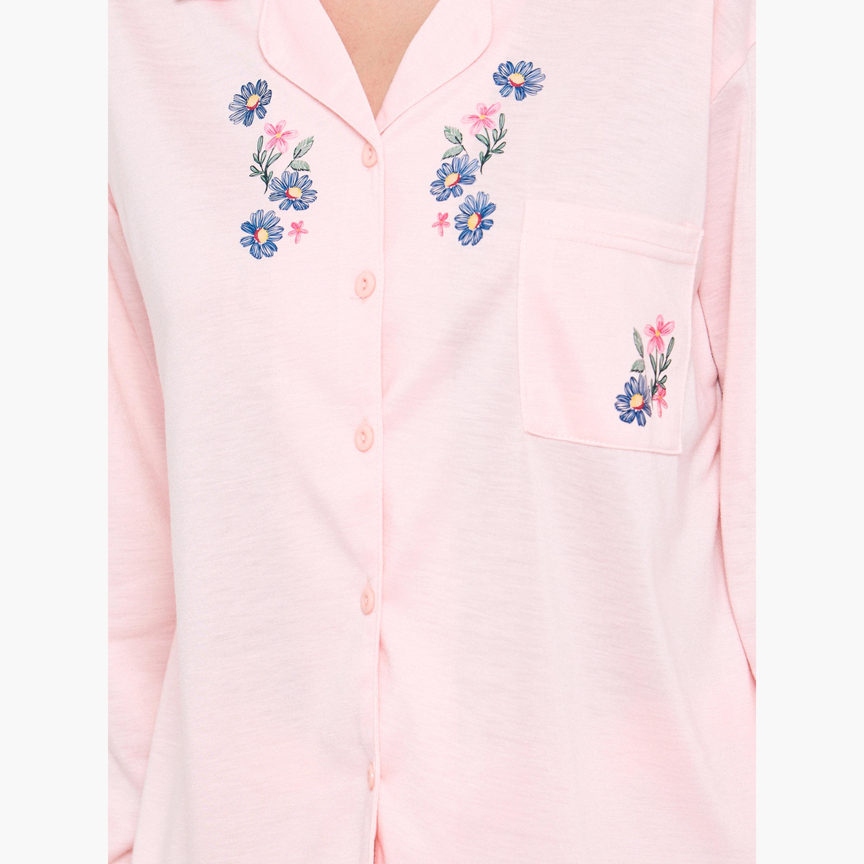 Styli Pink Floral Print Pocket Detail Shirt and Ruffle Hem Pyjama Set-women-clothing-nightwear-pyjamas-longsets-image-5