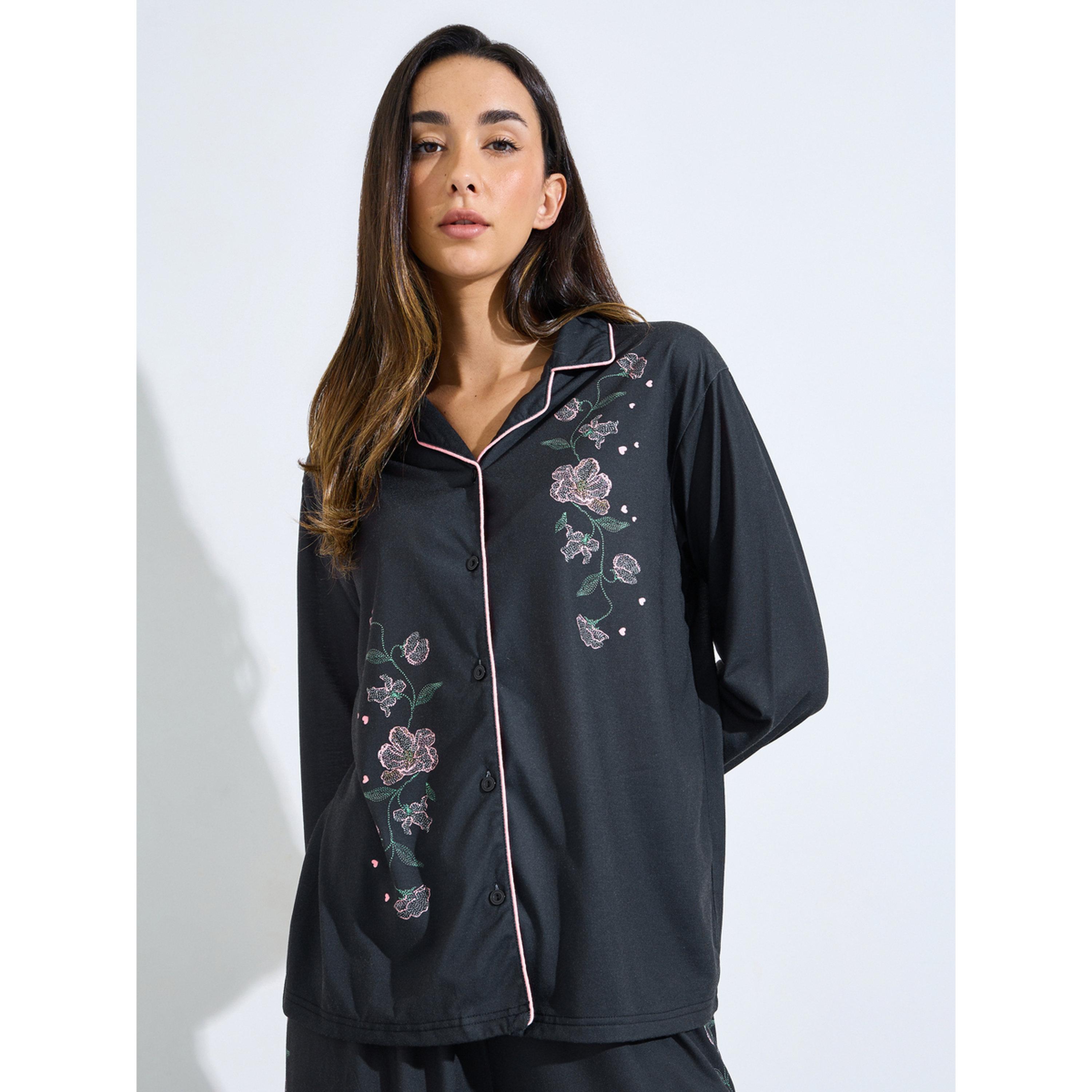 Styli Black Floral Embroidered Long Sleeves Shirt and Wide Leg Pants Pyjama Set-women-clothing-nightwear-pyjamas-longsets-image-2