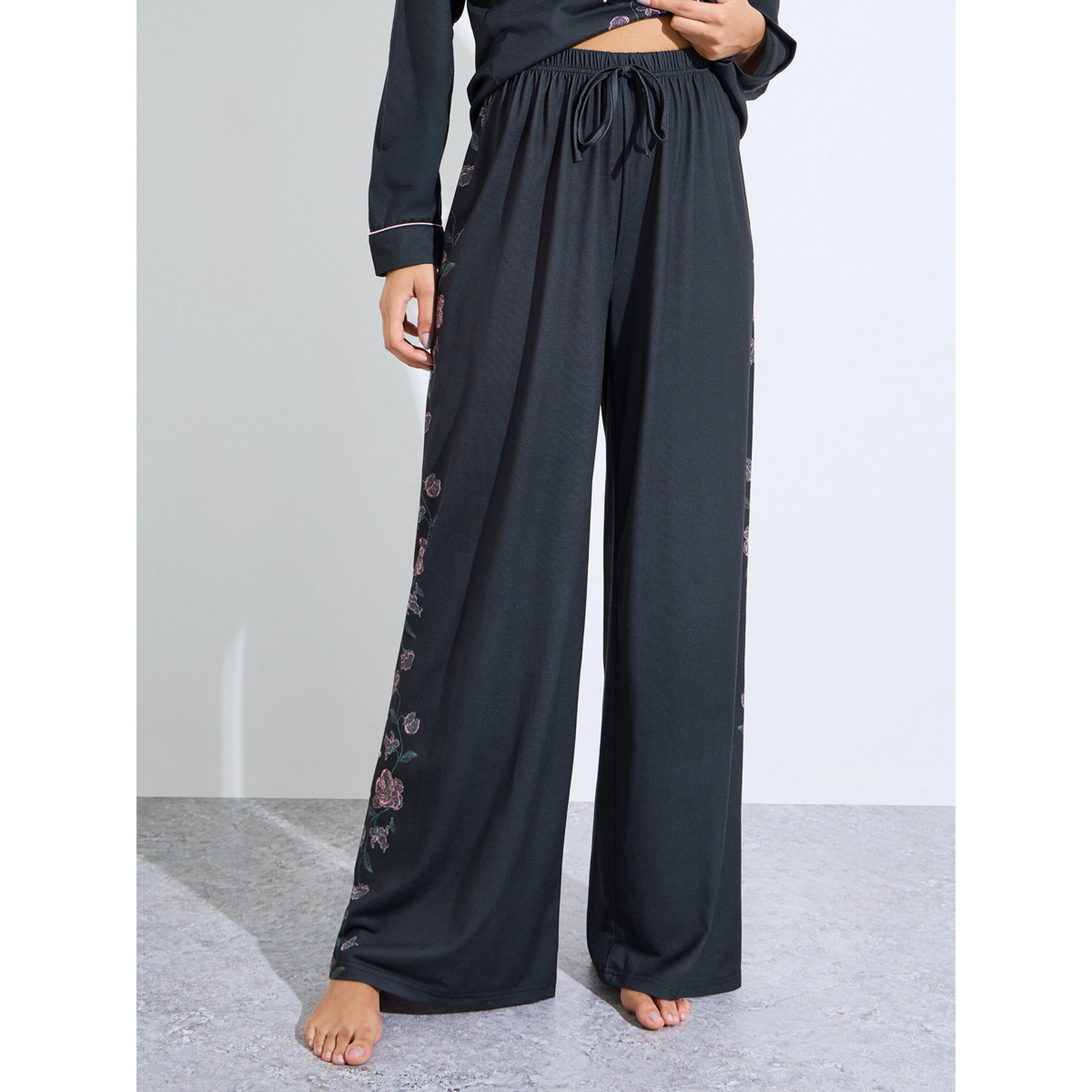 Styli Black Floral Embroidered Long Sleeves Shirt and Wide Leg Pants Pyjama Set-women-clothing-nightwear-pyjamas-longsets-image-4