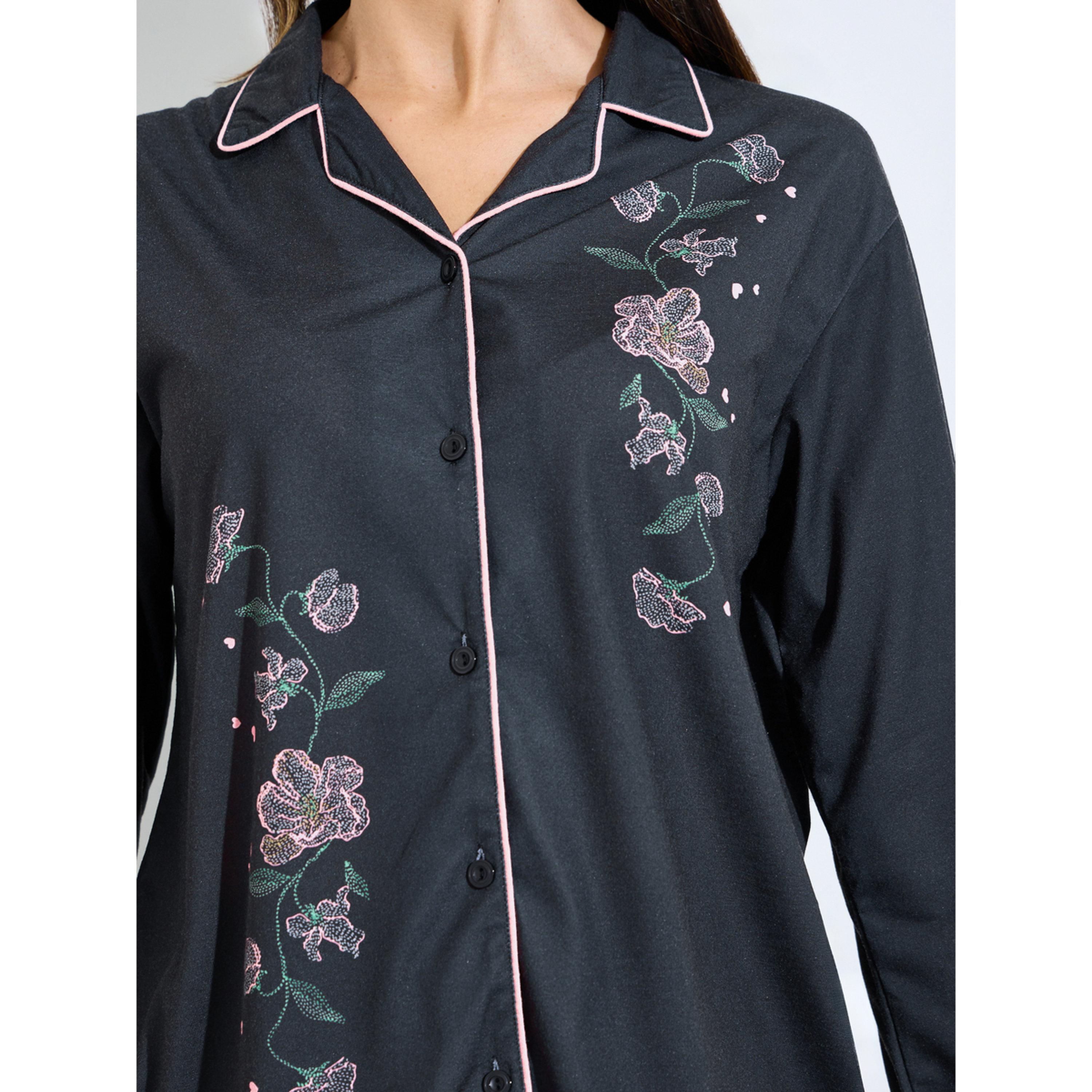 طقم بيجاما من بنطال بأرجل واسعة وبلوزة بأكمام طويلة مطرزة بالأزهار باللون الأسود-women-clothing-nightwear-pyjamas-longsets-image-5