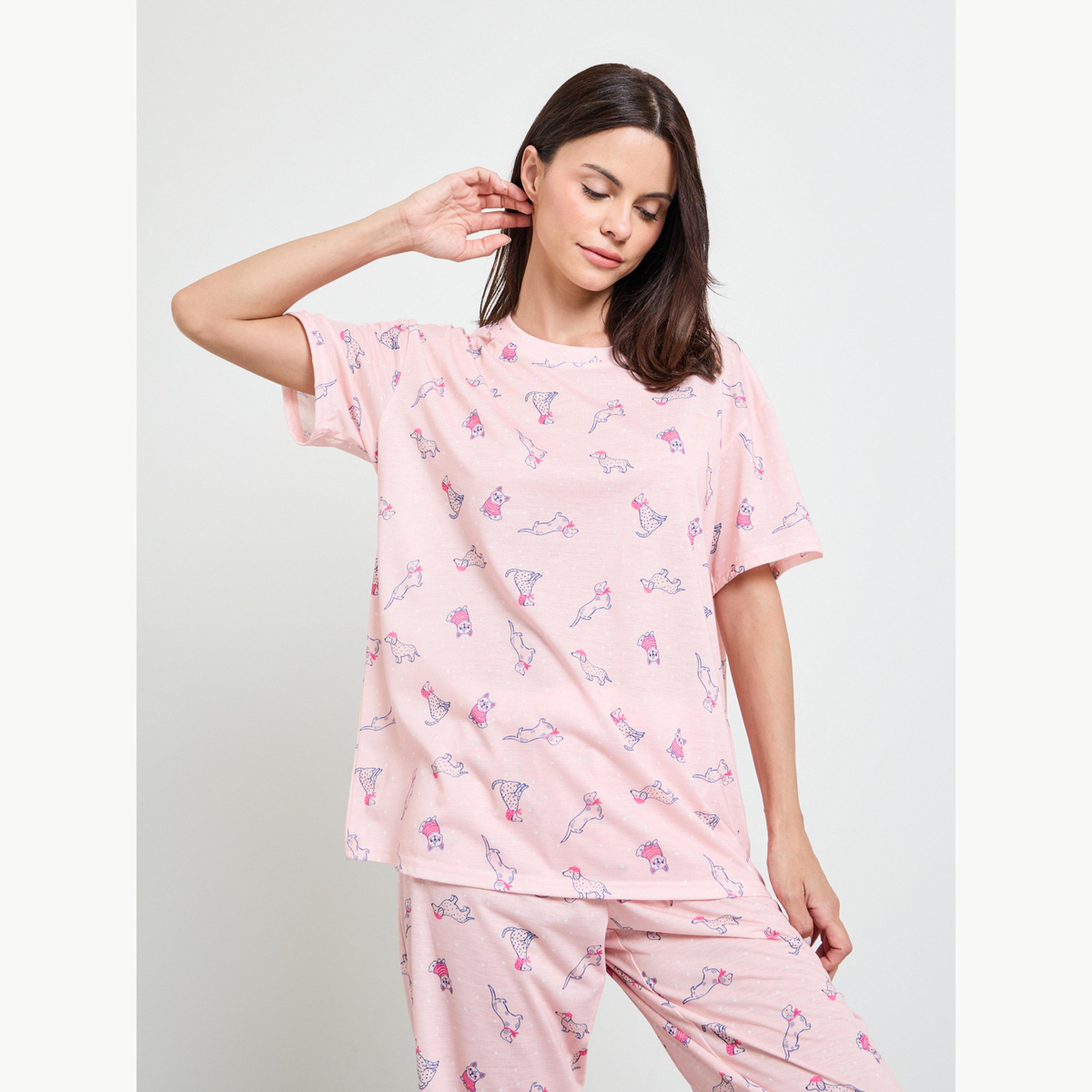 طقم بيجاما من بنطال بحواف مطاطية وتيشيرت بأكتاف منسدلة وطبعة كلب-women-clothing-nightwear-pyjamas-longsets-image-2