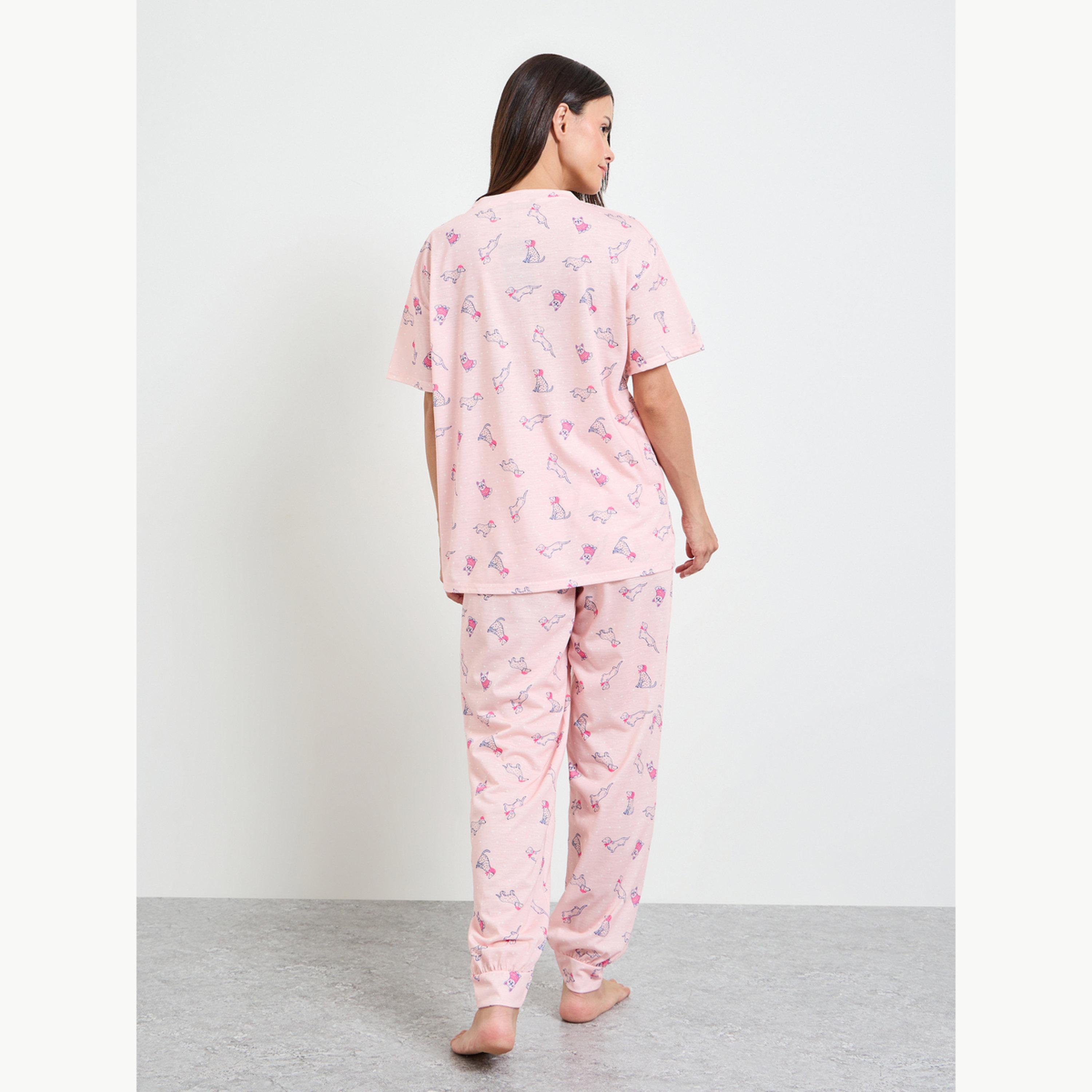 طقم بيجاما من بنطال بحواف مطاطية وتيشيرت بأكتاف منسدلة وطبعة كلب-women-clothing-nightwear-pyjamas-longsets-image-3