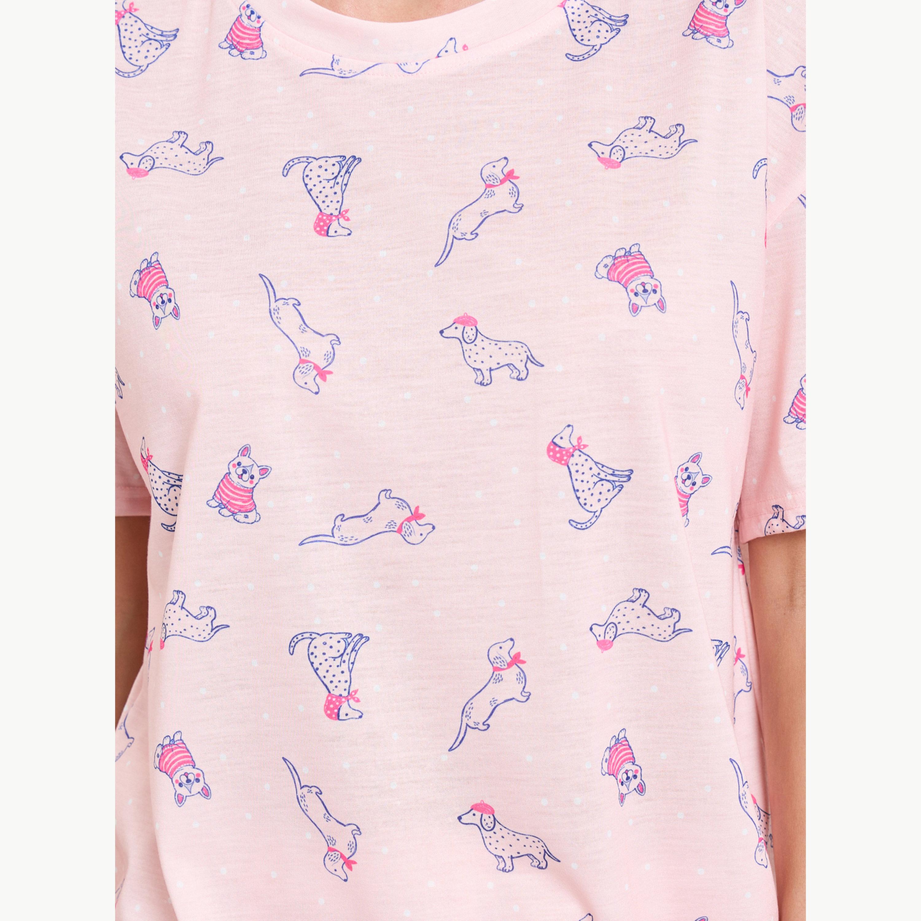 طقم بيجاما من بنطال بحواف مطاطية وتيشيرت بأكتاف منسدلة وطبعة كلب-women-clothing-nightwear-pyjamas-longsets-image-5