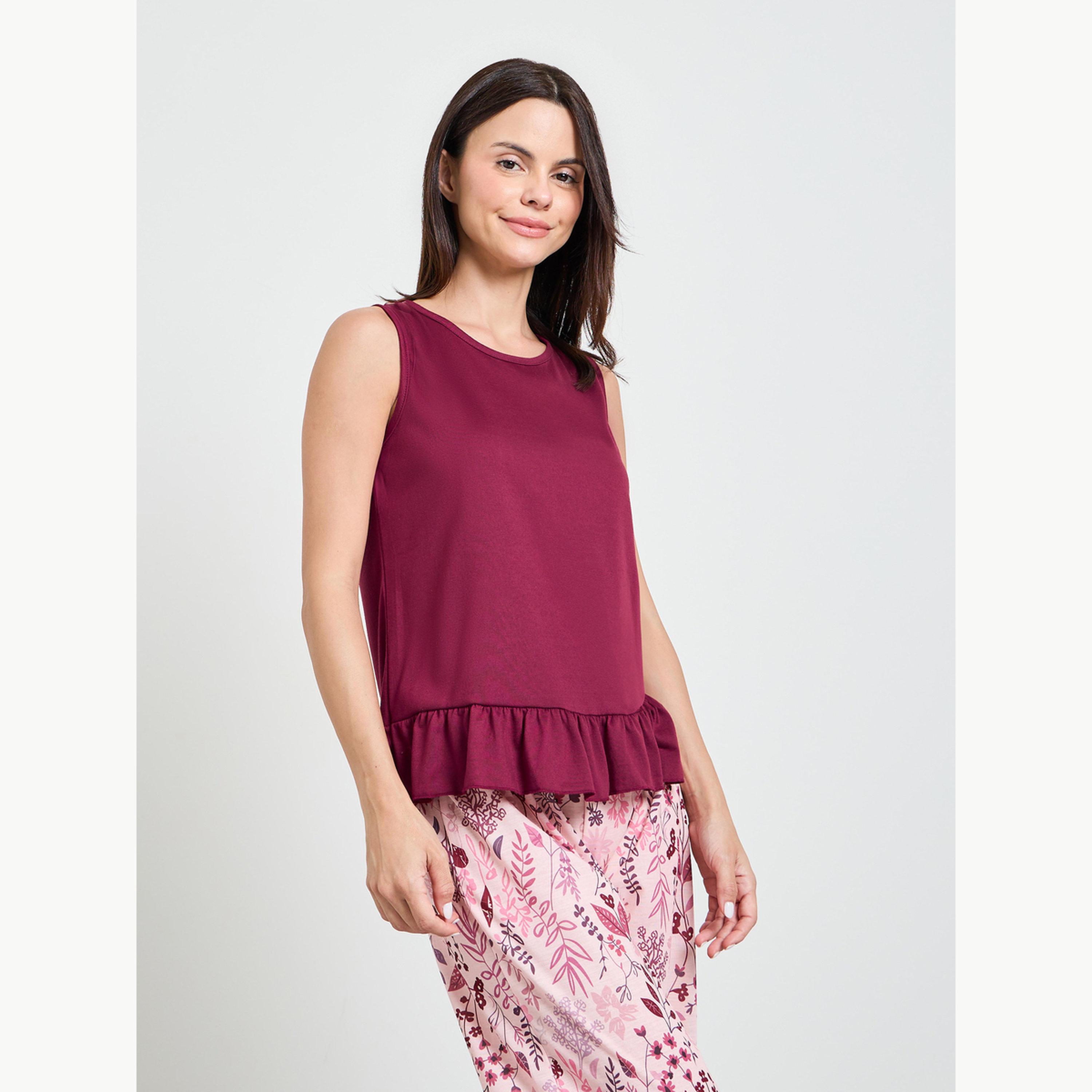 طقم بيجاما من بنطال بطبعة زهور بالكامل وبلوزة دون أكمام بحافة بكشكش-women-clothing-nightwear-pyjamas-longsets-image-2