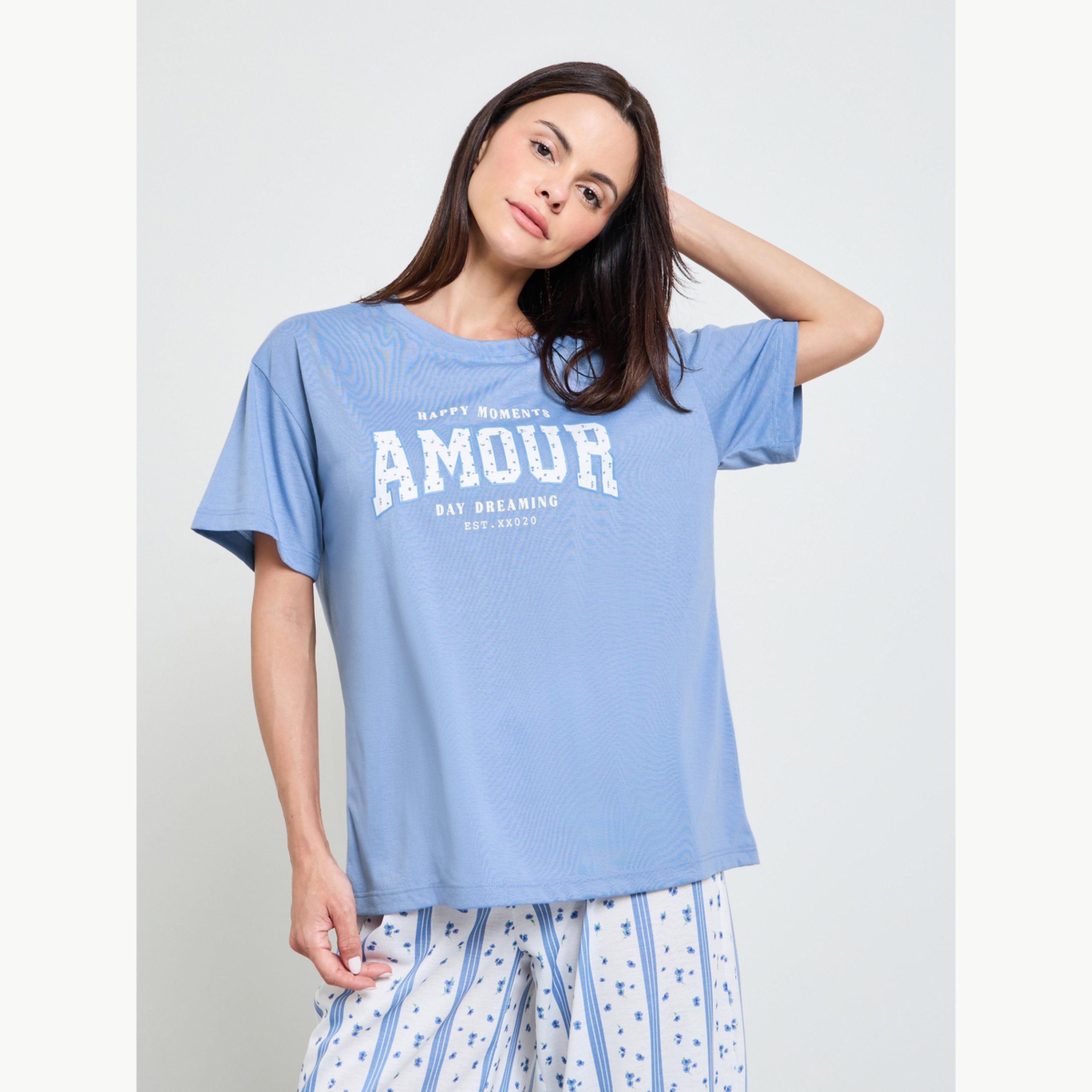 طقم بيجاما من بنطال وتيشيرت بأكتاف منسدلة وطبعة جرافيك-women-clothing-nightwear-pyjamas-longsets-image-3