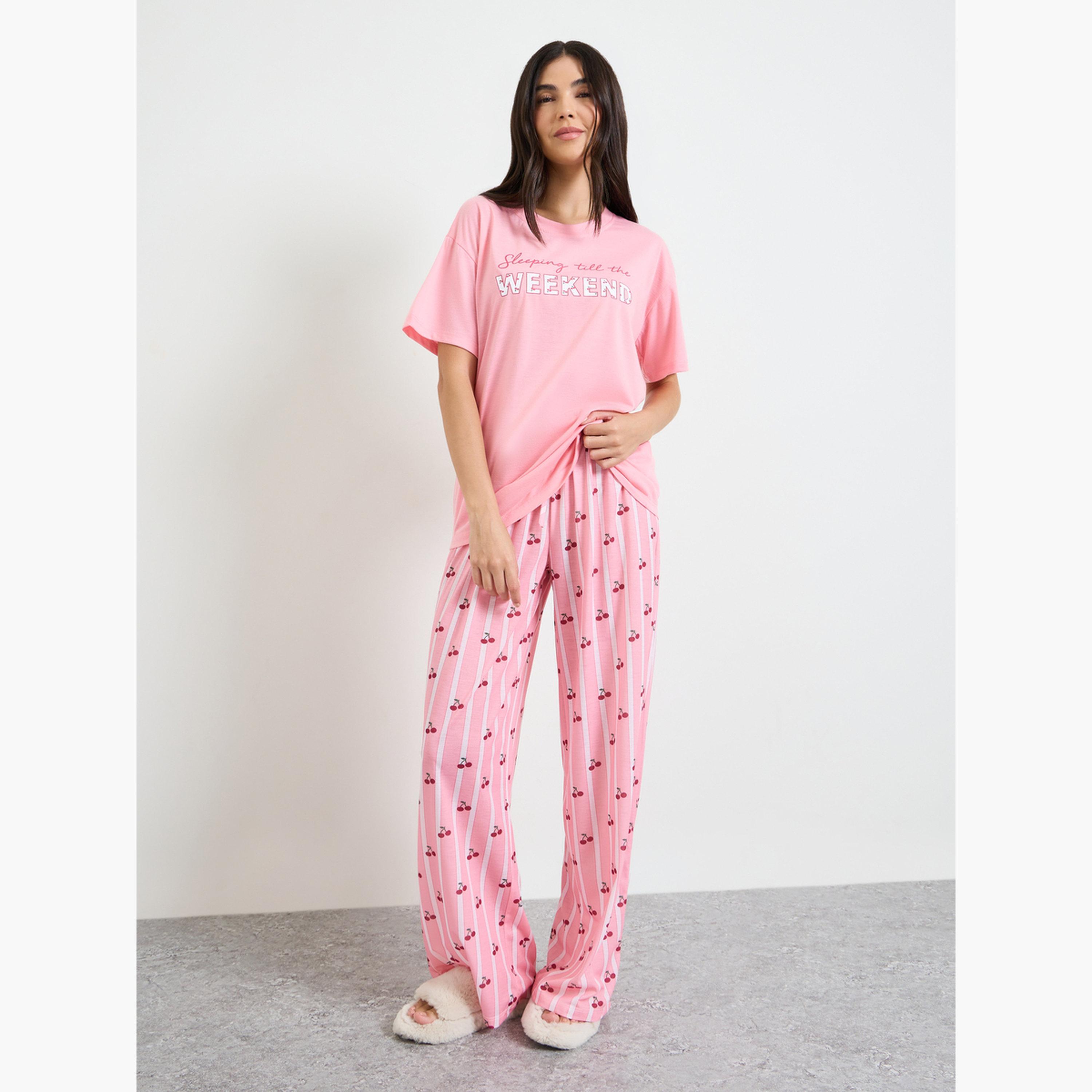 Styli Pink Weekend Graphic Drop Shoulder T-Shirt and Pyjama Set-women-clothing-nightwear-pyjamas-longsets-image-1