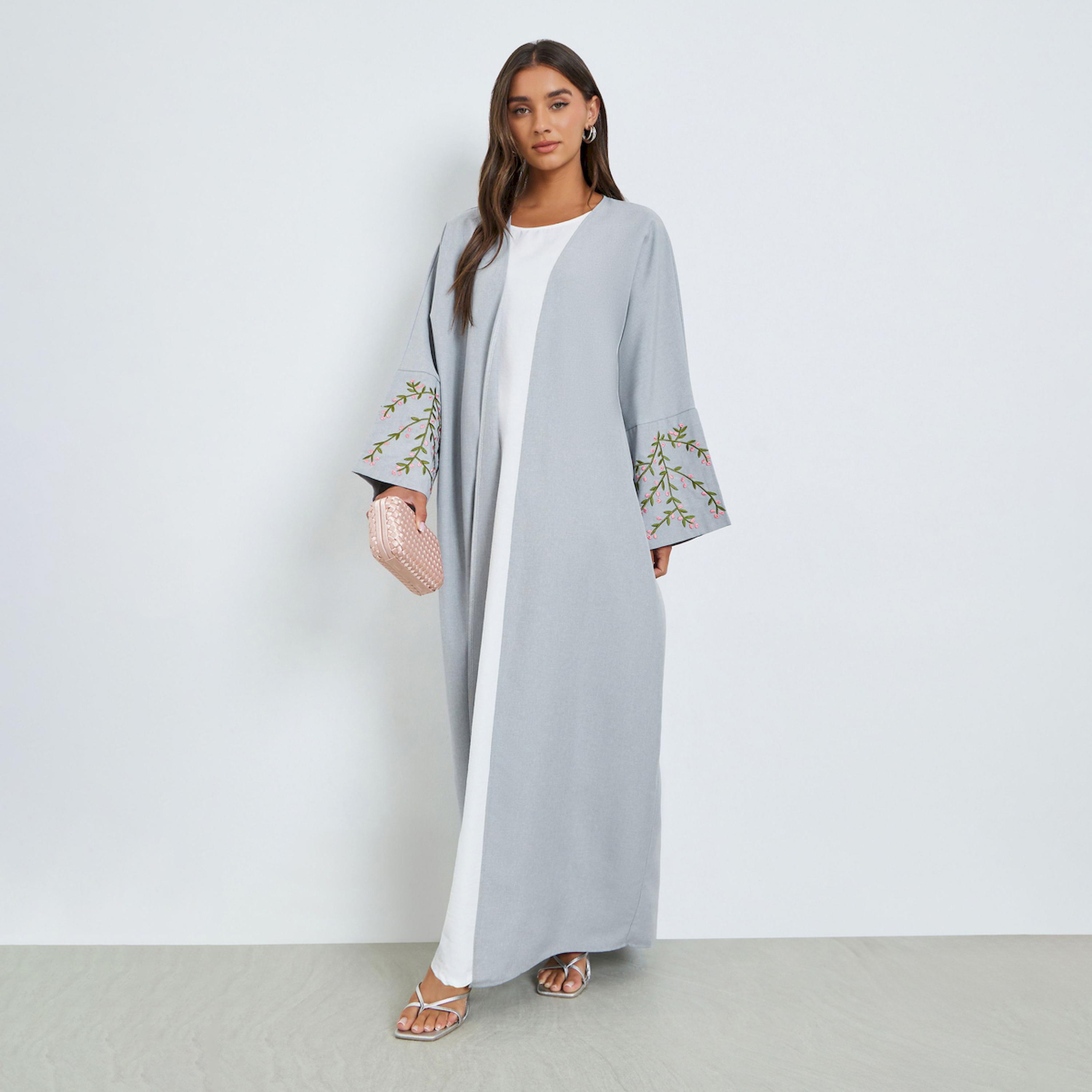 Amirah X Styli Grey Front Open Abaya with Embroidery-women-arabicclothing-abayas-image-1