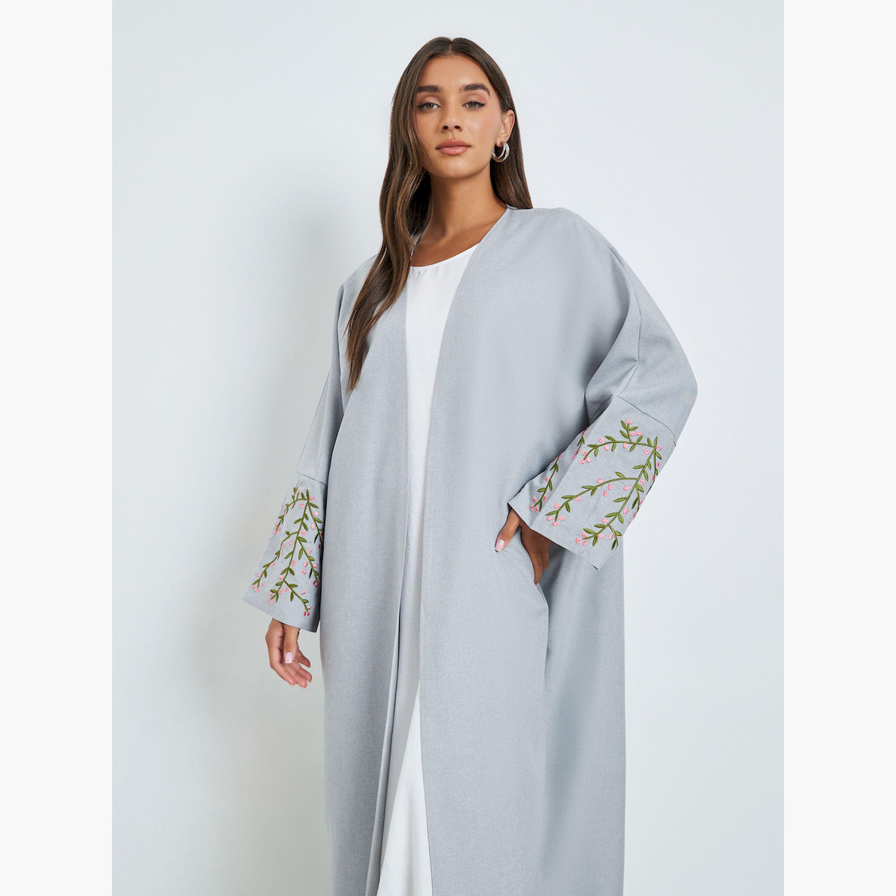Amirah X Styli Grey Front Open Abaya with Embroidery-women-arabicclothing-abayas-image-2