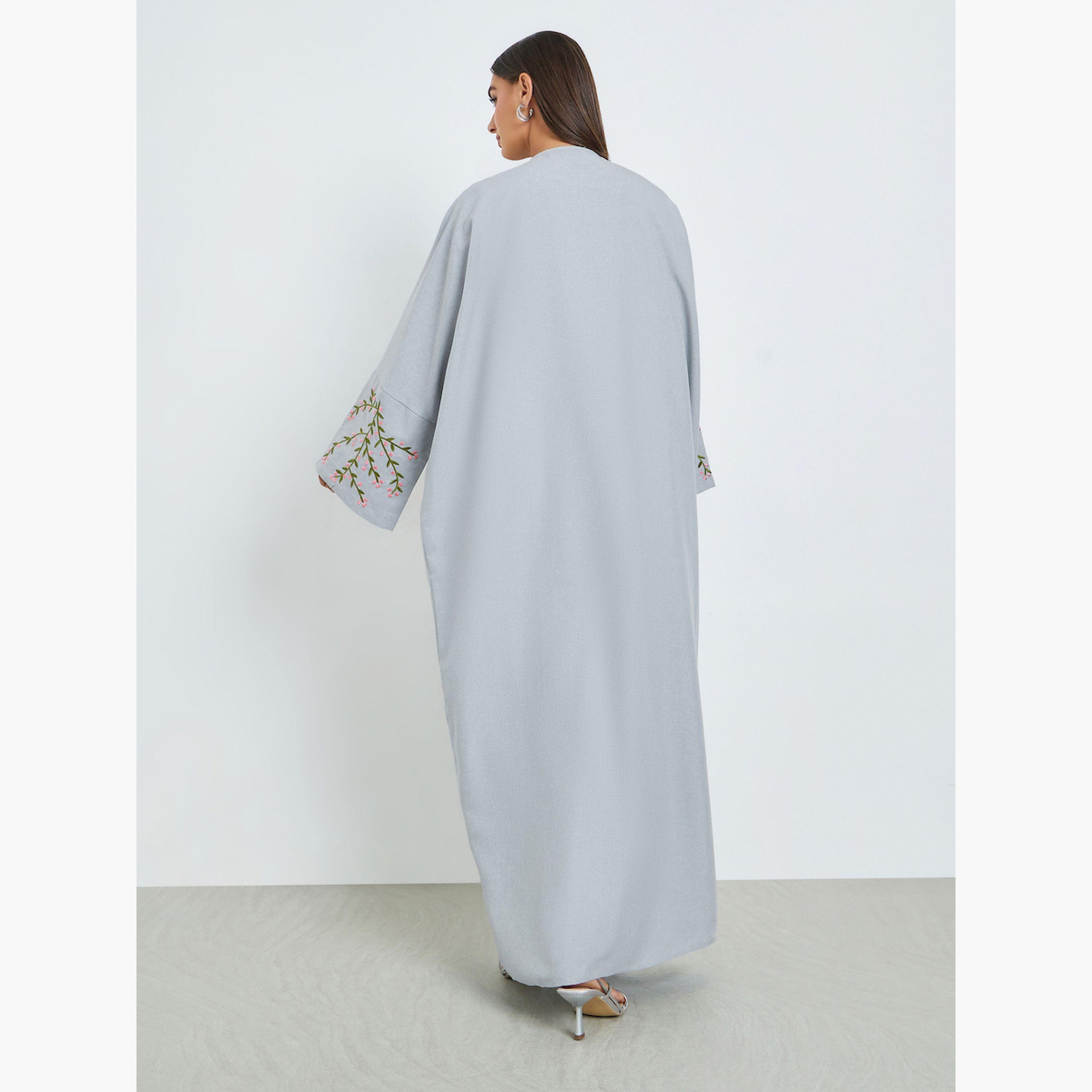 Amirah X Styli Grey Front Open Abaya with Embroidery-women-arabicclothing-abayas-image-3