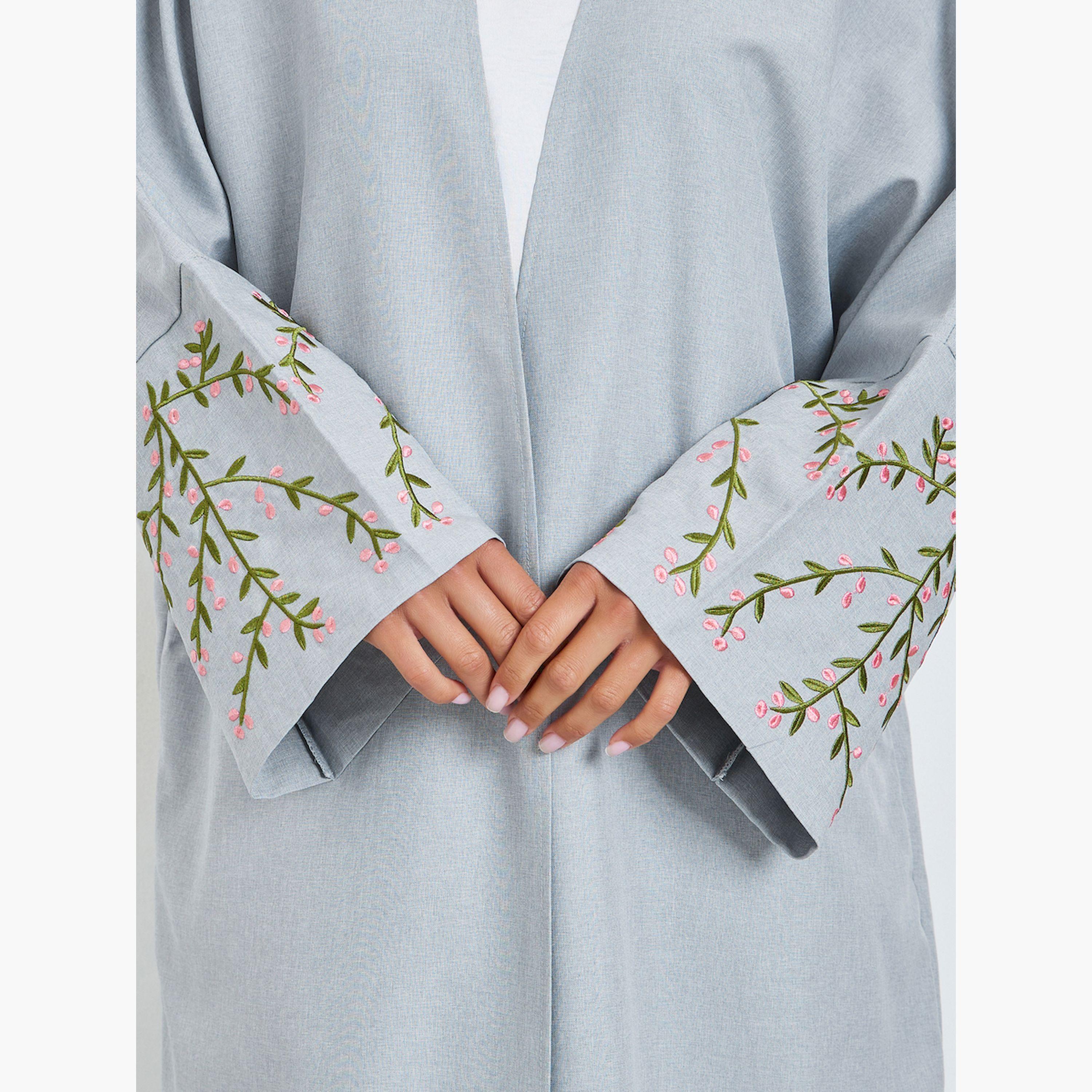 Amirah X Styli Grey Front Open Abaya with Embroidery-women-arabicclothing-abayas-image-4